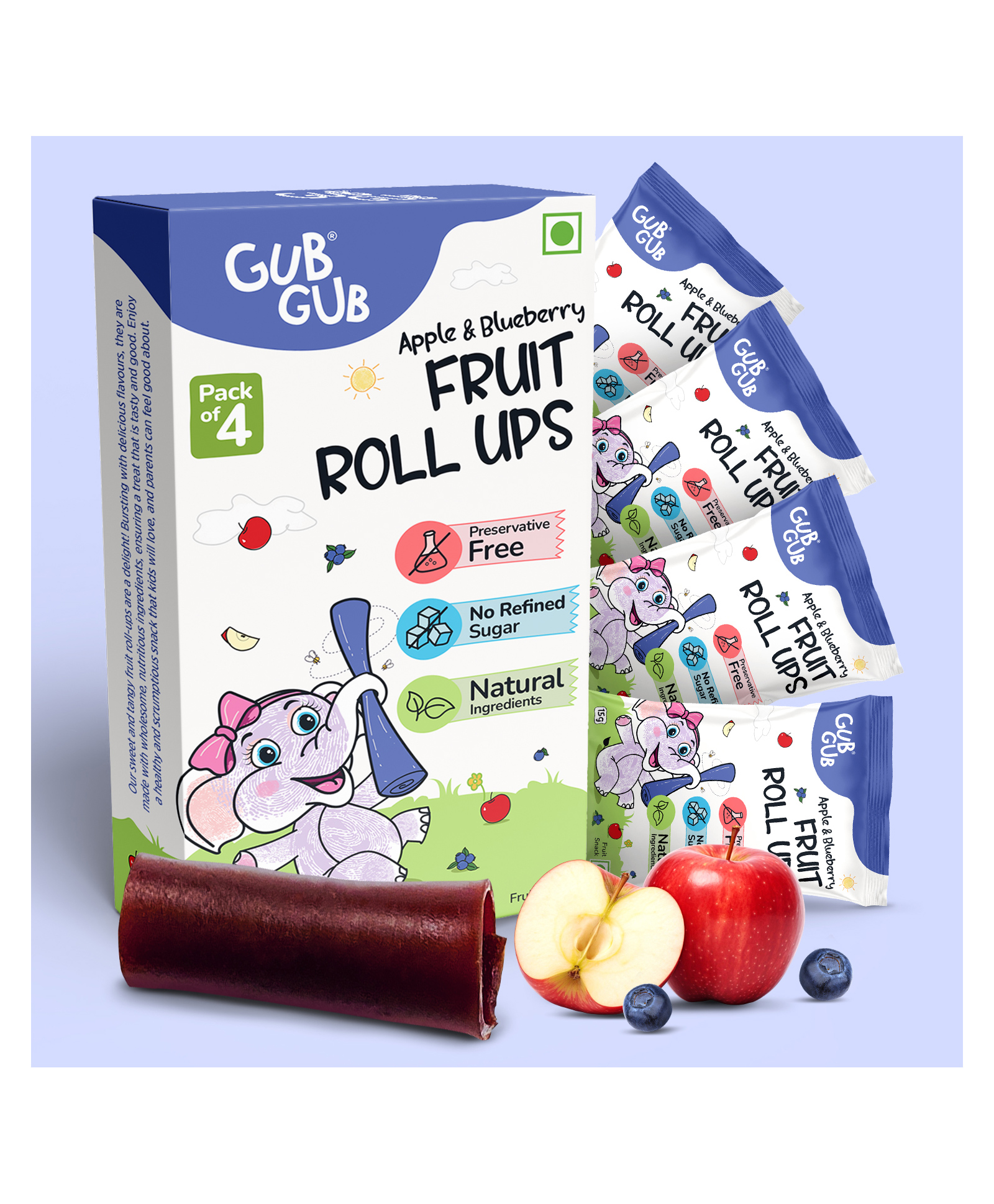 GubGub Apple & Blueberry Fruit Roll Ups Natural Fruit Snack For Kids, Pack of 1 (15g x 4 Qty)-image-4