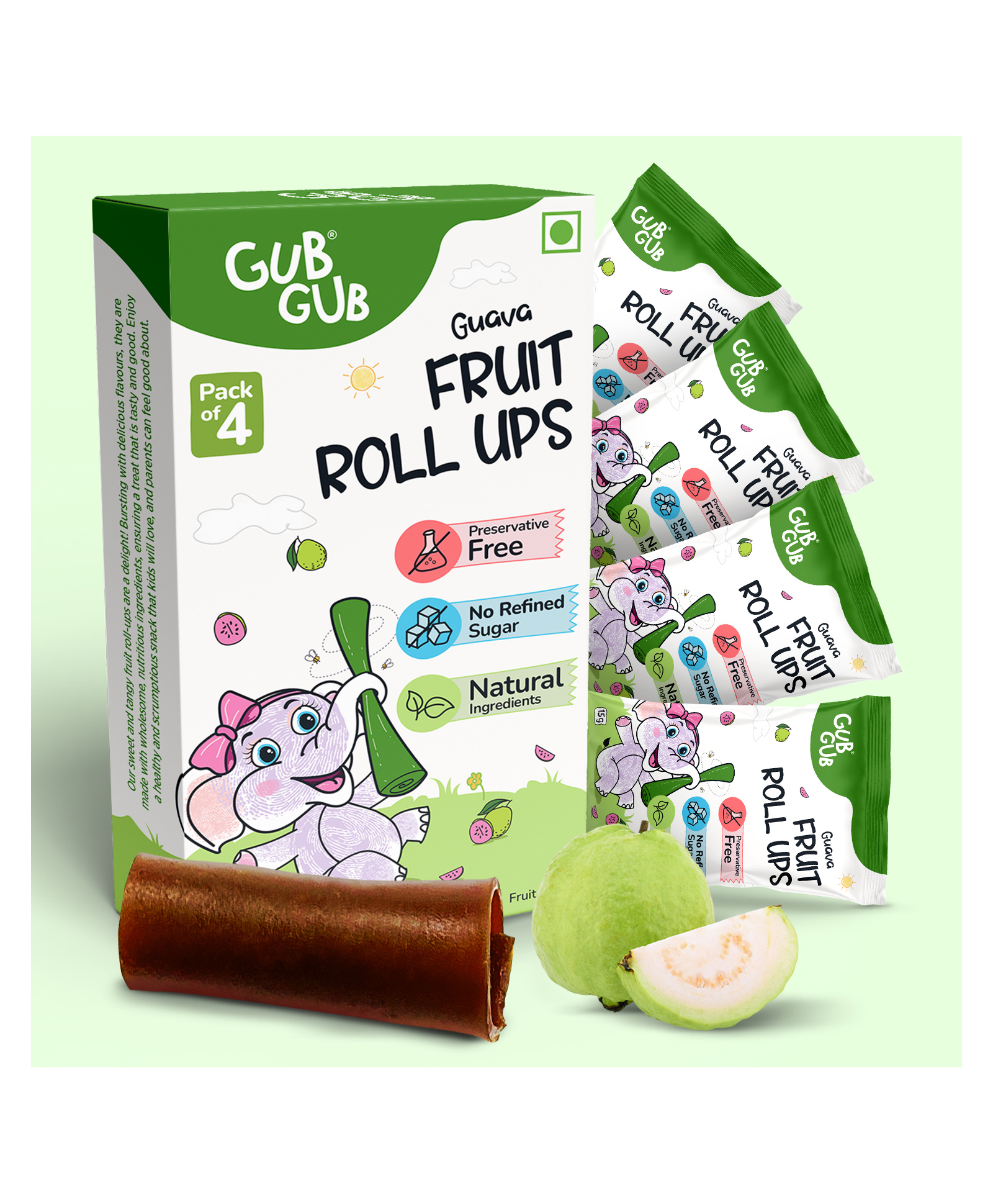GubGub Guava Fruit RollUps Natural Fruit Snack For Kids, Pack of 1 (15g x 4 Qty)-image-22