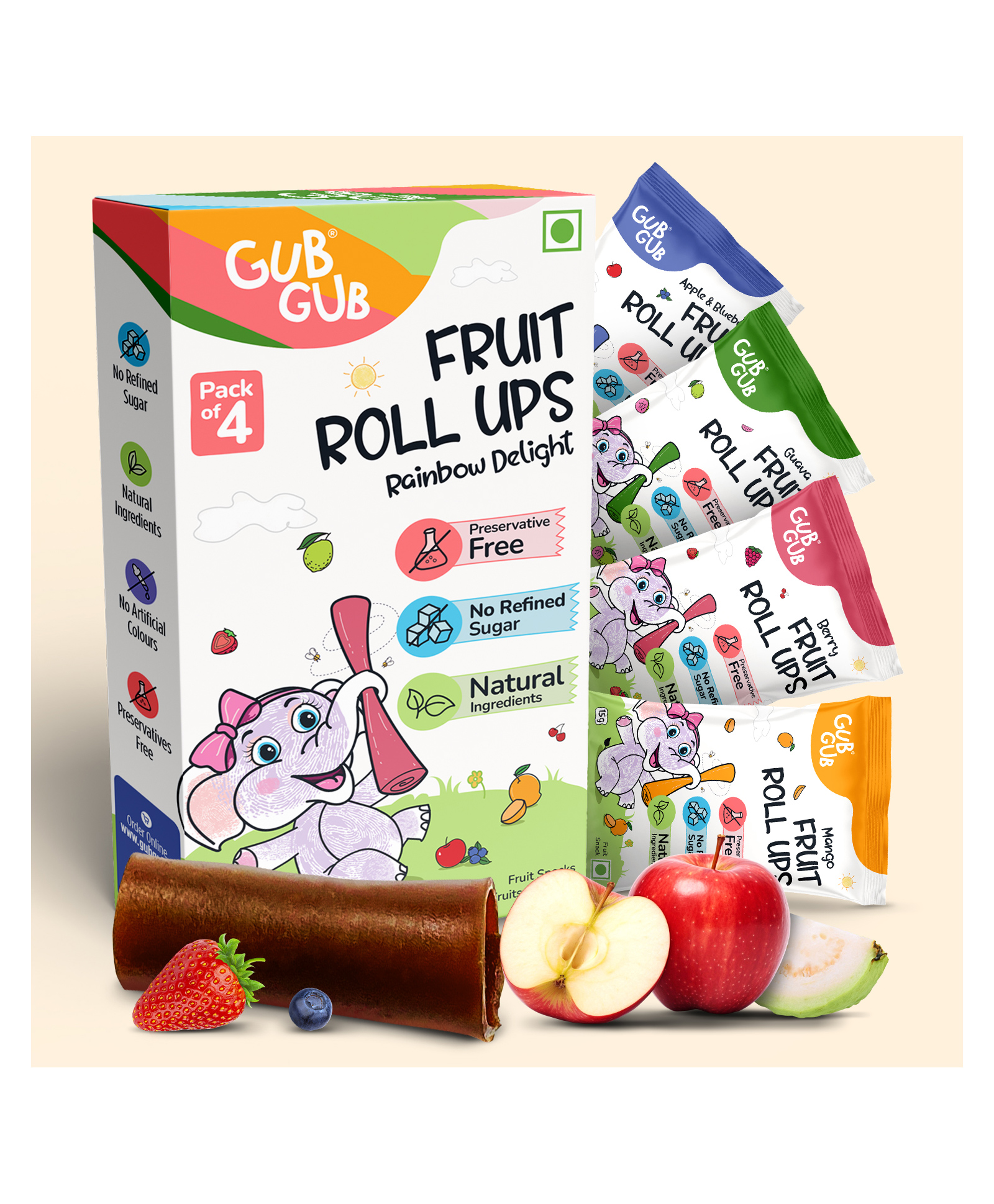GubGub Rainbow Delight Fruit RollUps Natural Fruit Snack, Pack of 1 (15g x 4 Qty)-image-33