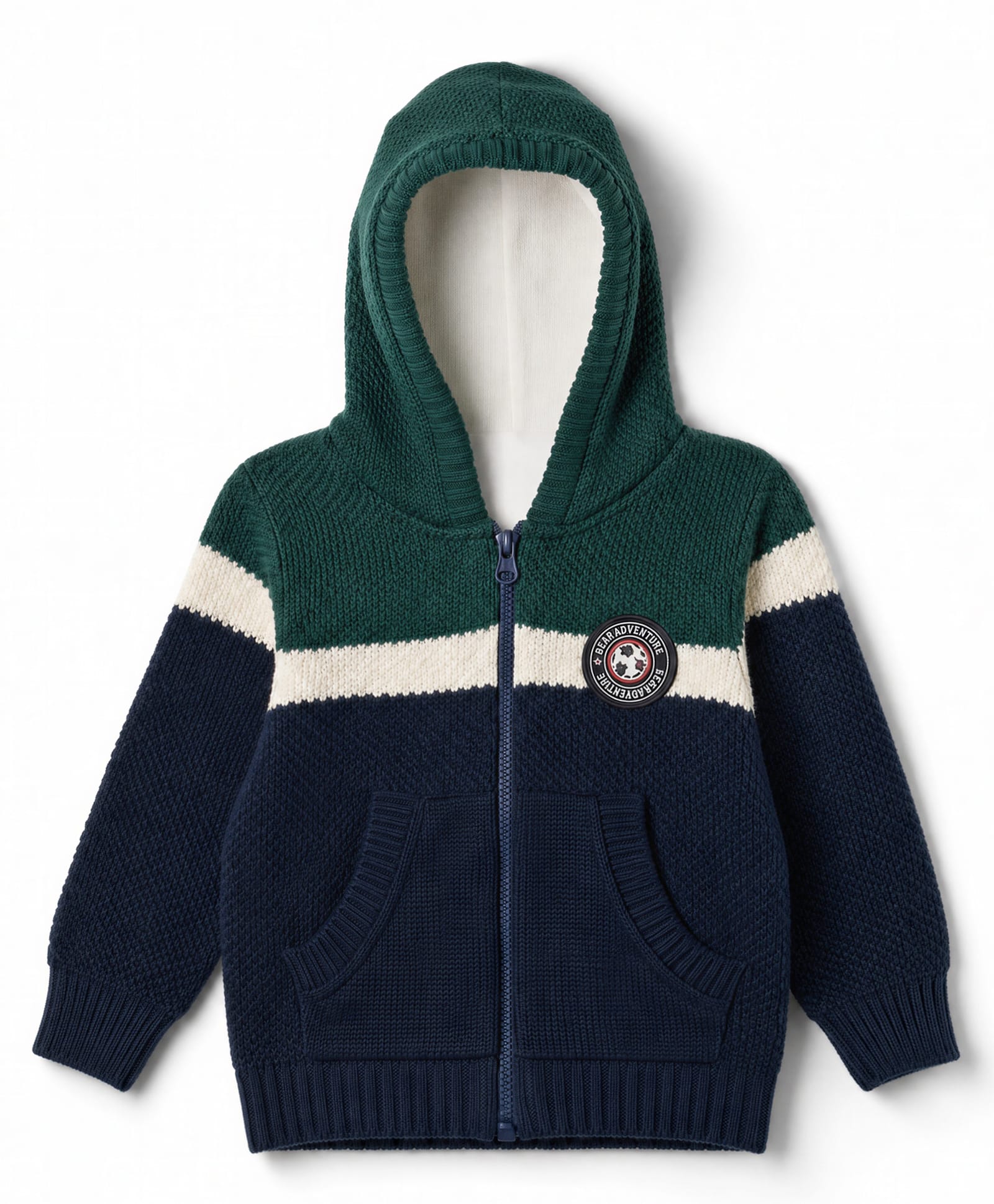 Babyhug Knit Full Sleeves Hooded Sweaters With Patch - Green & Navy Blue-picture-24