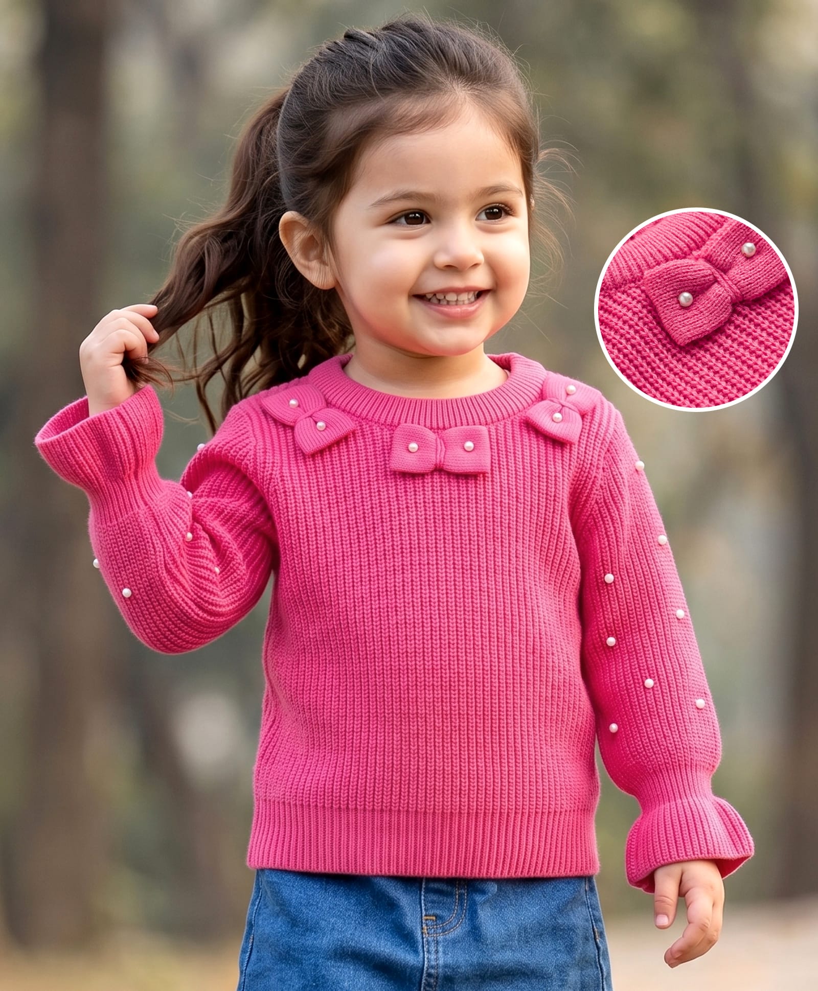 Babyhug Knit Full Sleeves Solid Colour Pullover with Bow Design & Beads Embellished - Pink-picture-25