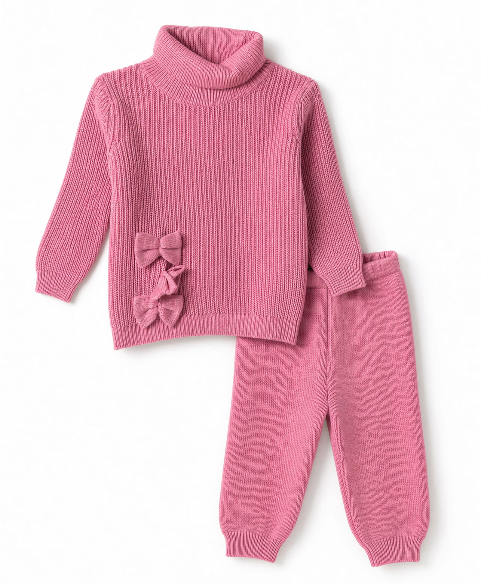 Babyhug Knit Full Sleeves Solid Colour Winter Wear Suit Set with Bow Applique - Pink-picture-32