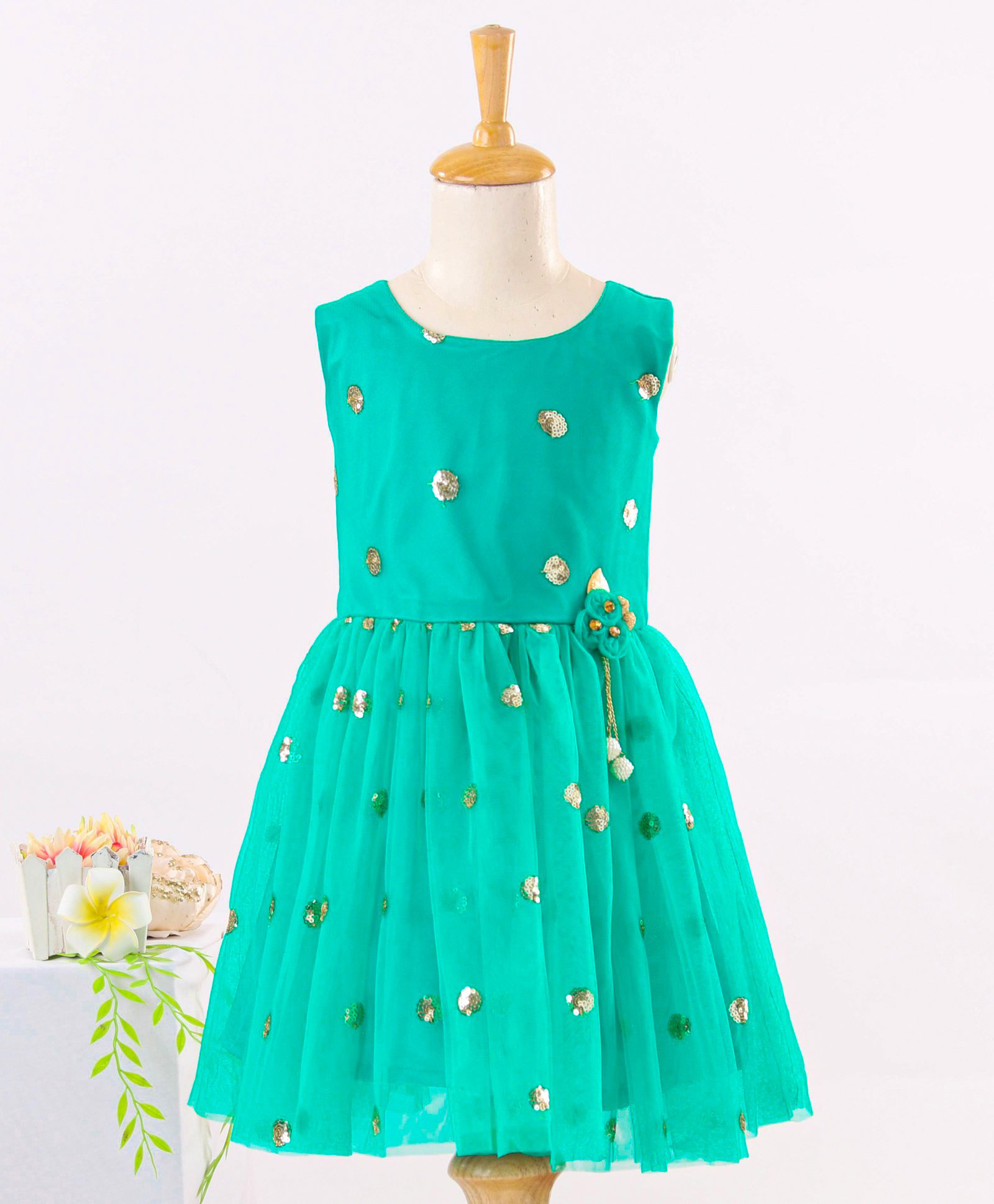 Enfance Net Woven Sleeveless Sequinned Party Dress With Corsage - Sea Green-picture-27
