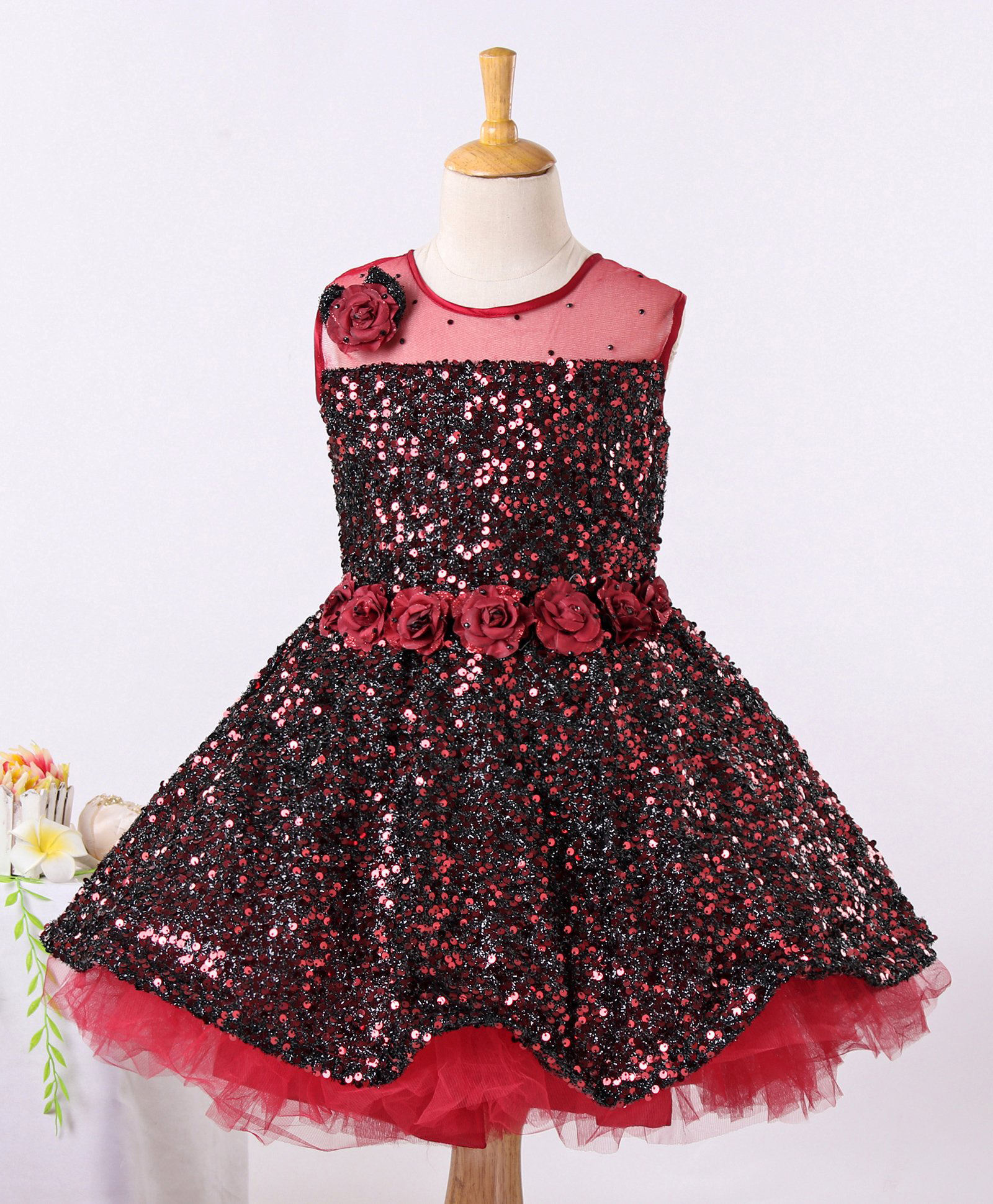 Enfance Net Woven Mesh Yoke Sequins Sleeveless Party Dress With Floral Applique -Maroon-picture-42