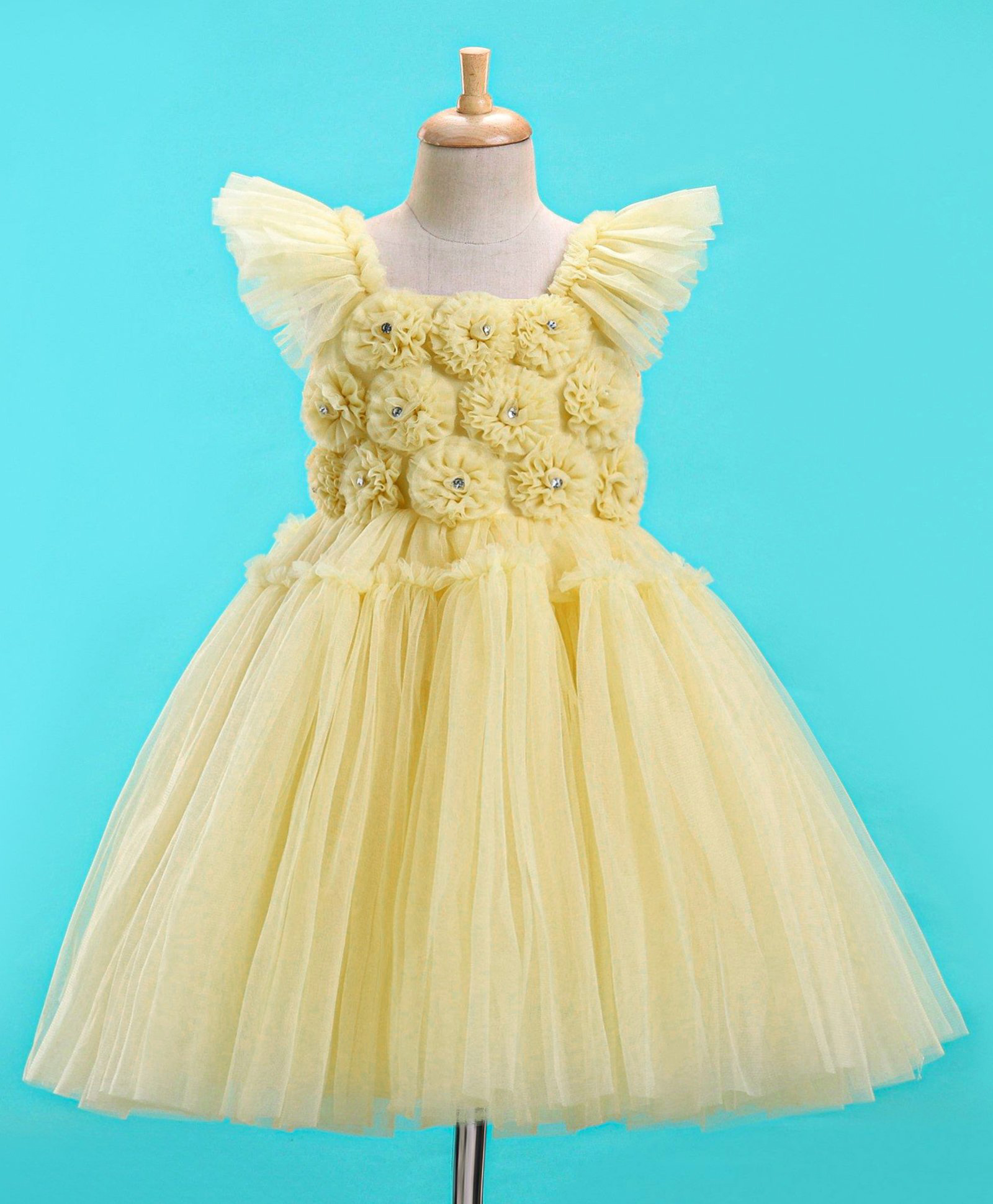 Enfance Net Knit Cap Sleeves Tulle Flower Corsage Dress -Lemon-picture-9