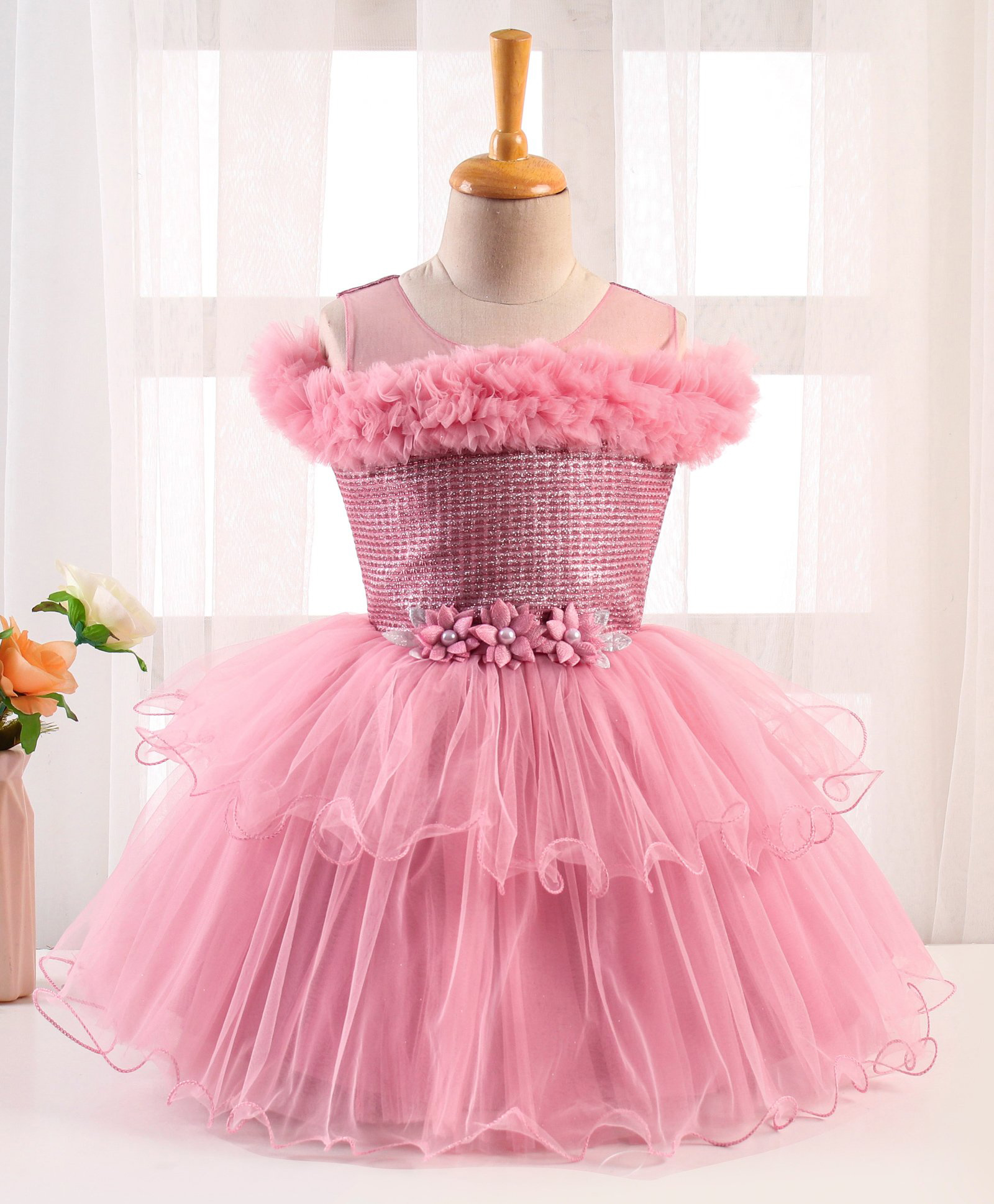 Enfance Net Woven Cold Shoulder Sleeves Party Dress With Corsage - Pink-picture-44