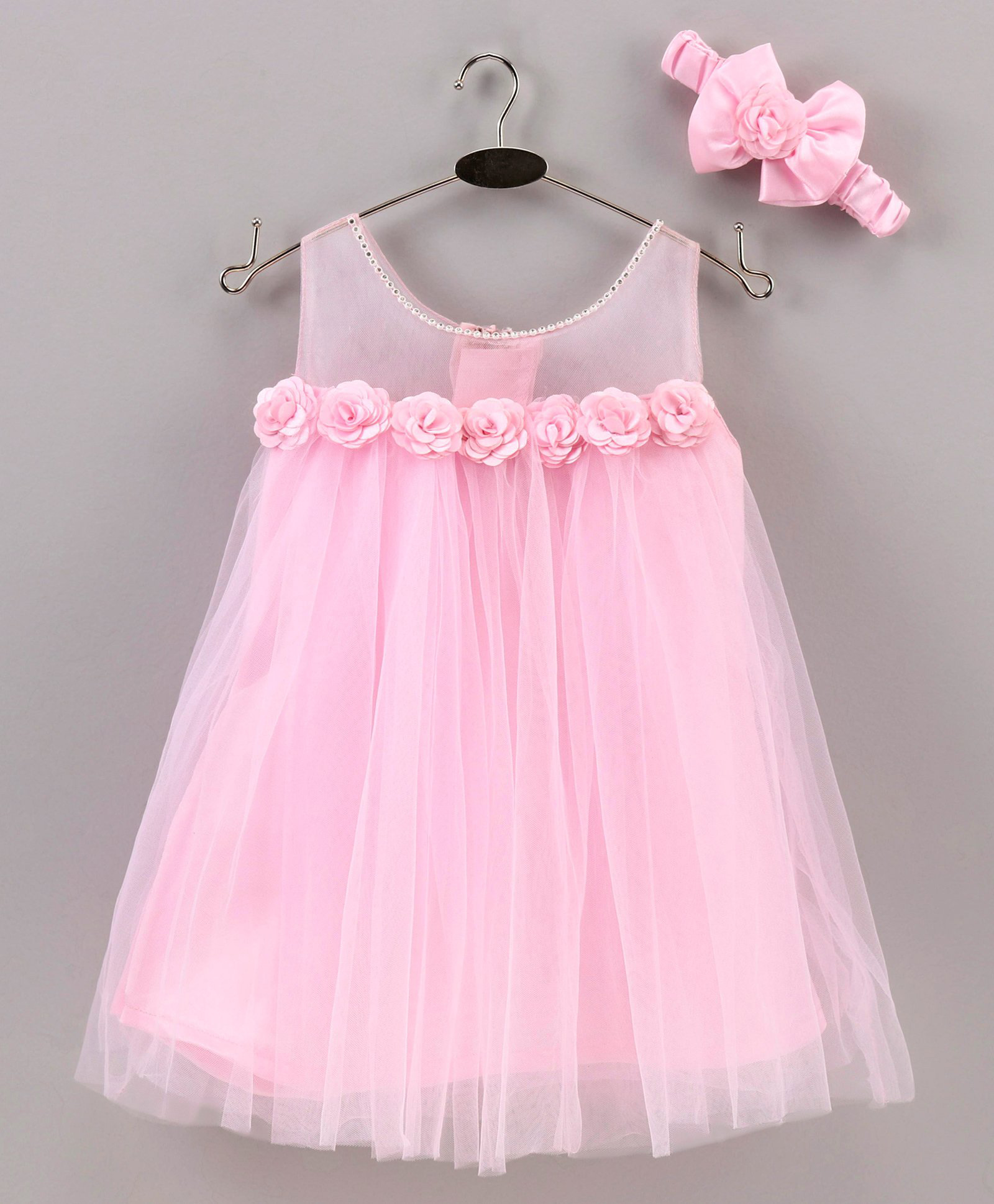 Enfance Net Woven Sleeveless Solid Party Dress With Floral Corsage & Hairband - Pink-image-19
