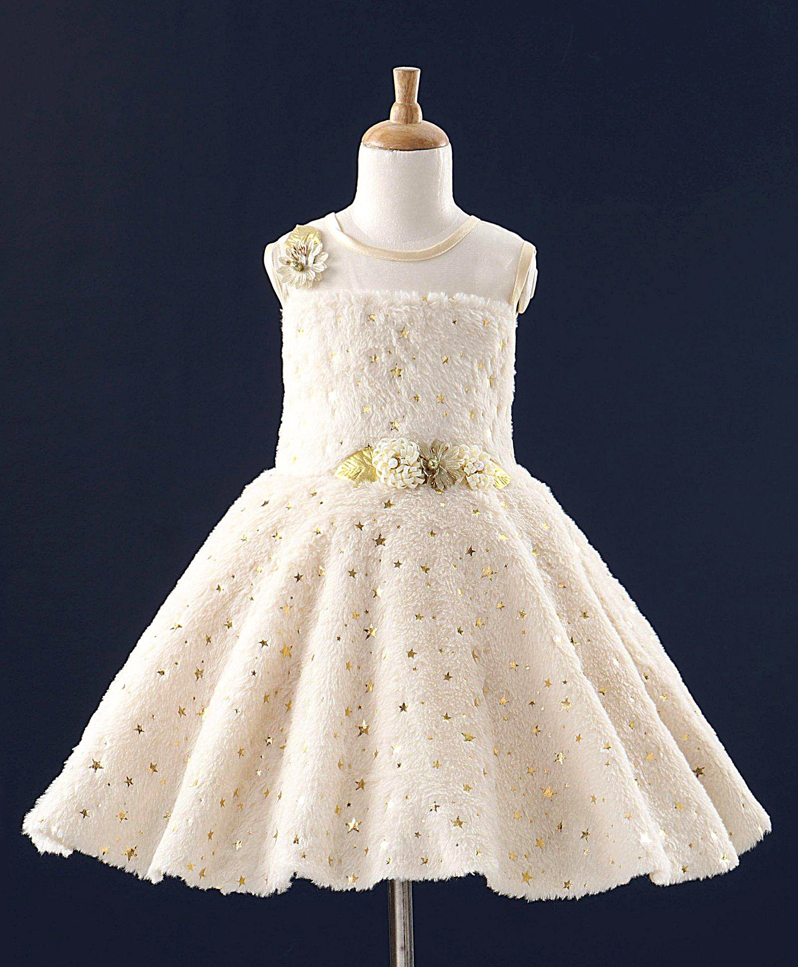 Enfance Fur Woven Sleeveless Stars Foil Printed Faux Flower Appliqued Flared Party Dress - Cream-picture-36