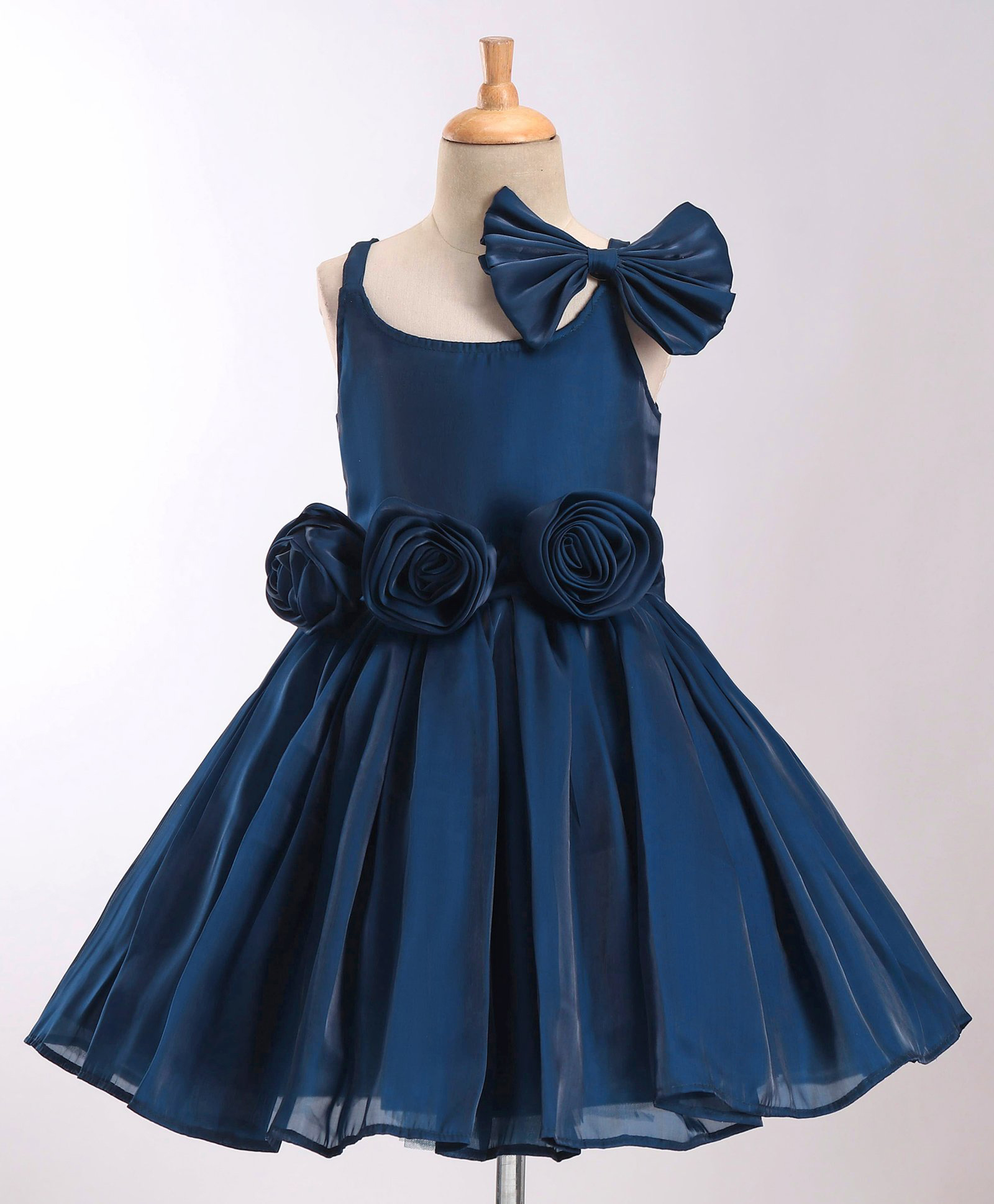 Enfance Cotton Silk Woven Sleeveless Rose Applique Solid Party Dress With Bow - Navy Blue-picture-46