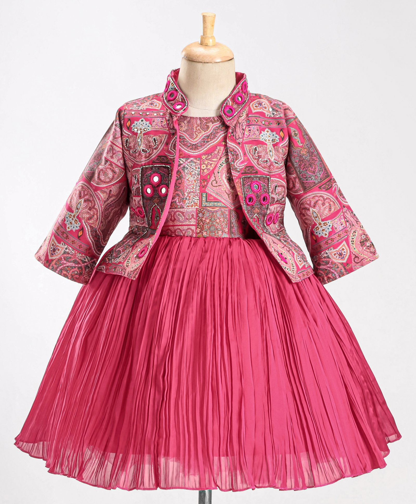 Enfance Cotton Silk Woven Pleated Embroidered Dress With Full Sleeves Shrug-Dark Pink-image-4