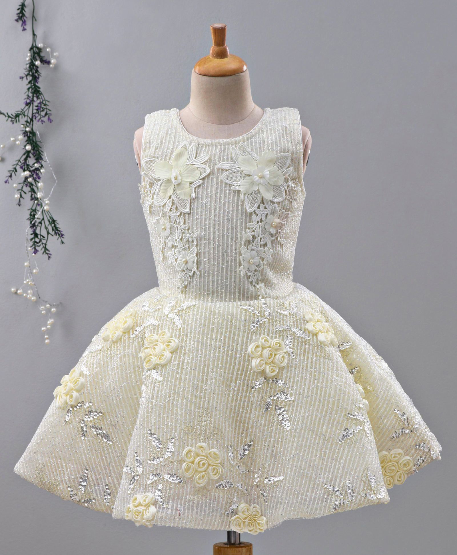 Enfance Net Knit Sleeveless Flower Decorated Fit & Flare Party Dress -Cream-image-49