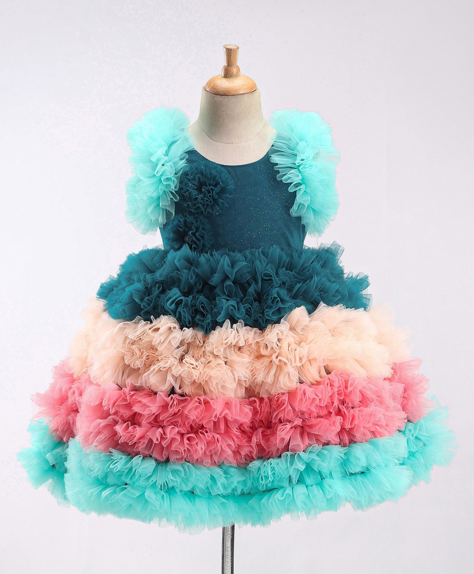 Enfance Net Woven Sleeveless Solid Party Dress With Floral Applique & Frill Detailing - Teal Blue-picture-0