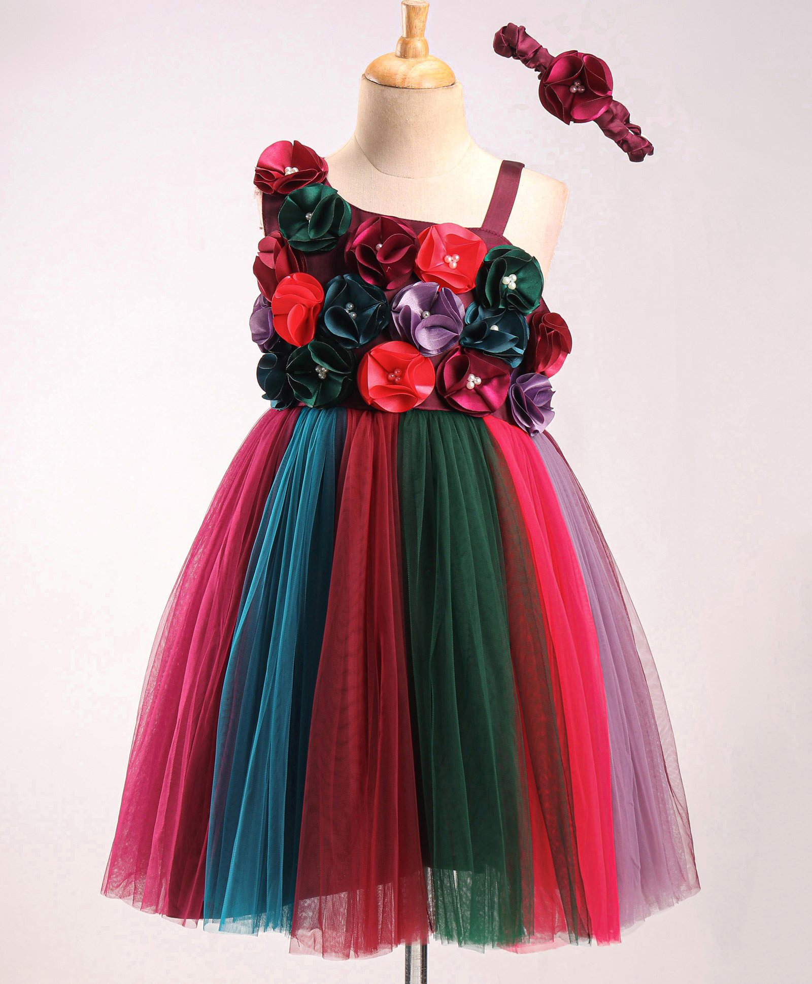 Enfance Net Woven Sleeveless Floral Corsage Party Dress With Headband - Wine-picture-41