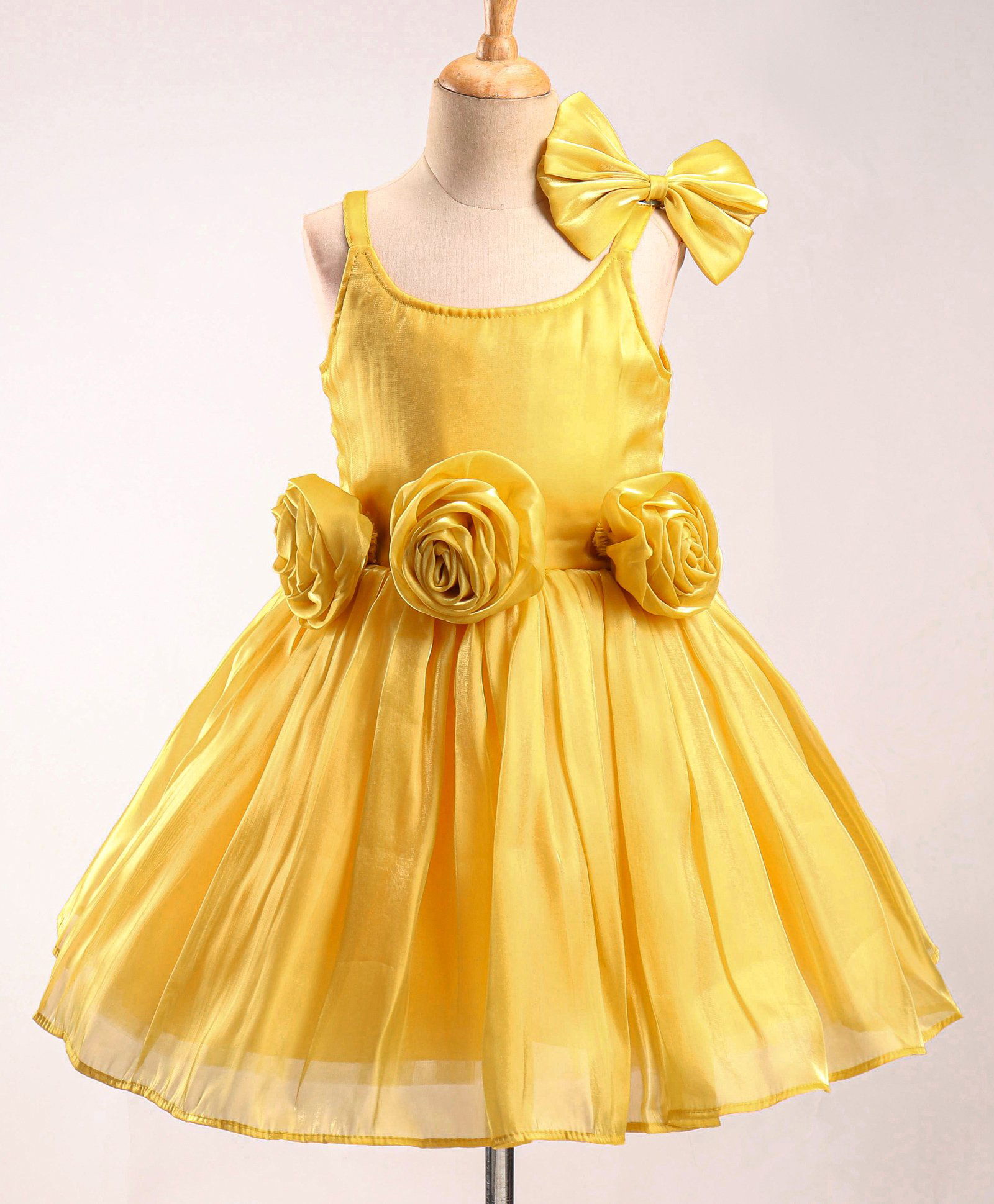 Enfance Cotton Silk Woven Sleeveless Party Dress With Rose & Bow Applique - Mustard-image-13