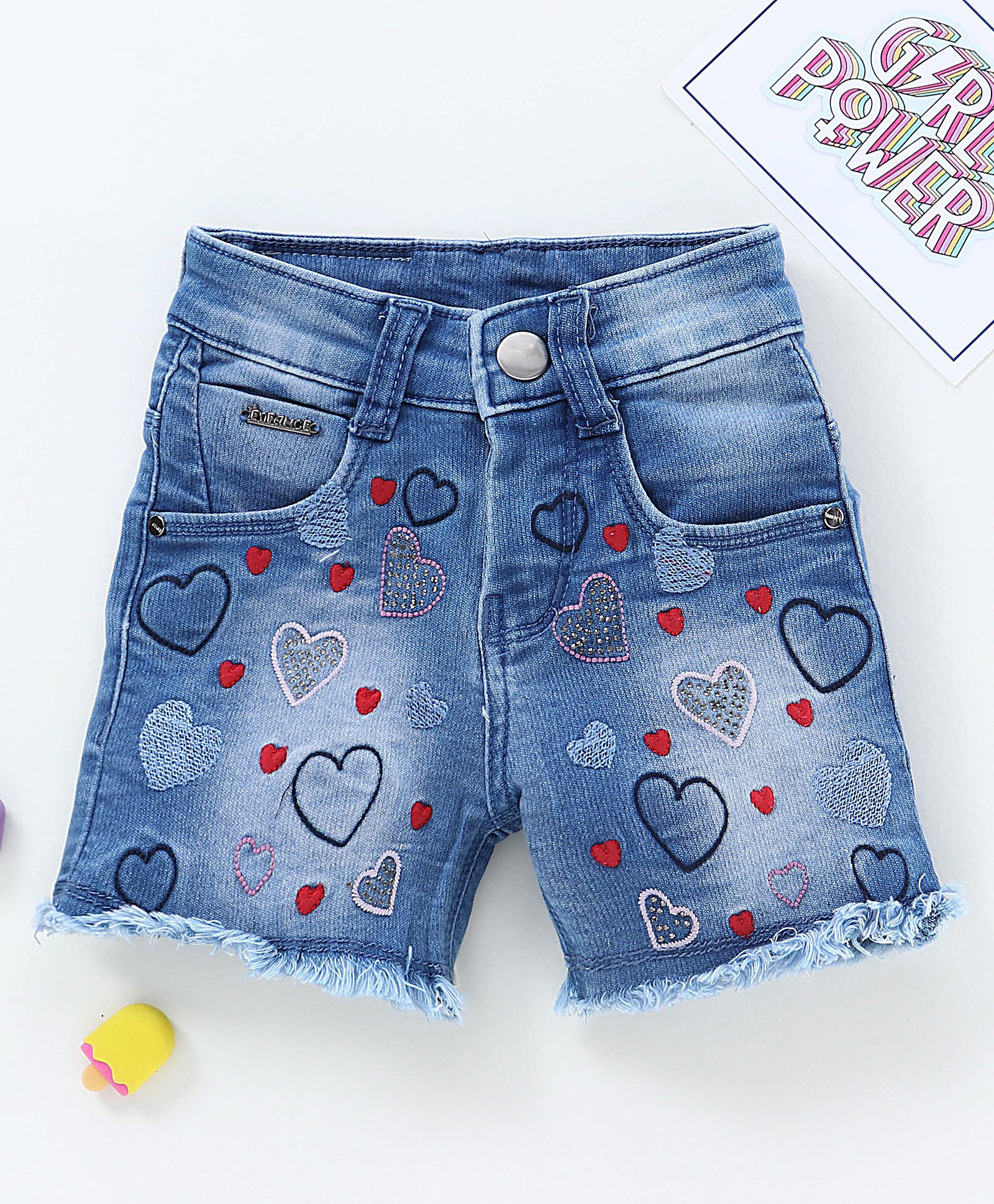 Enfance Denim Woven Washed Knee Length Shorts With Heart Embroidery - Blue-picture-39