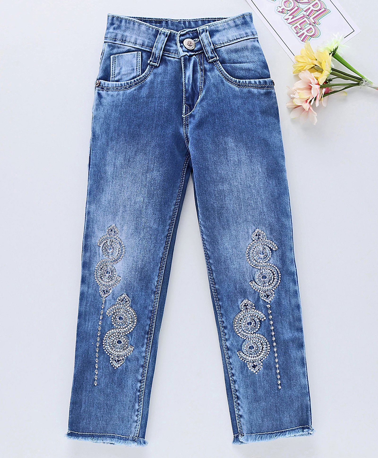 Enfance Denim Woven Full Length Shaded Beaded Ripped Jeans - Blue-picture-15