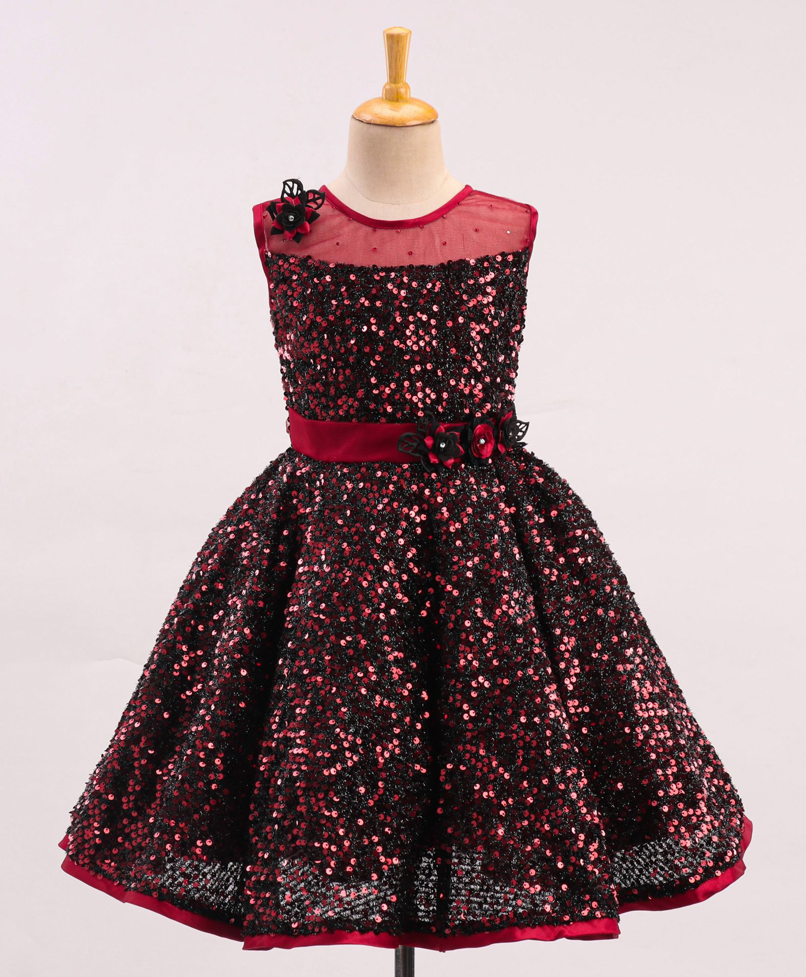 Enfance Net Knit Sleeveless Floral Applique & Sequinned Party Dress-Maroon-picture-13