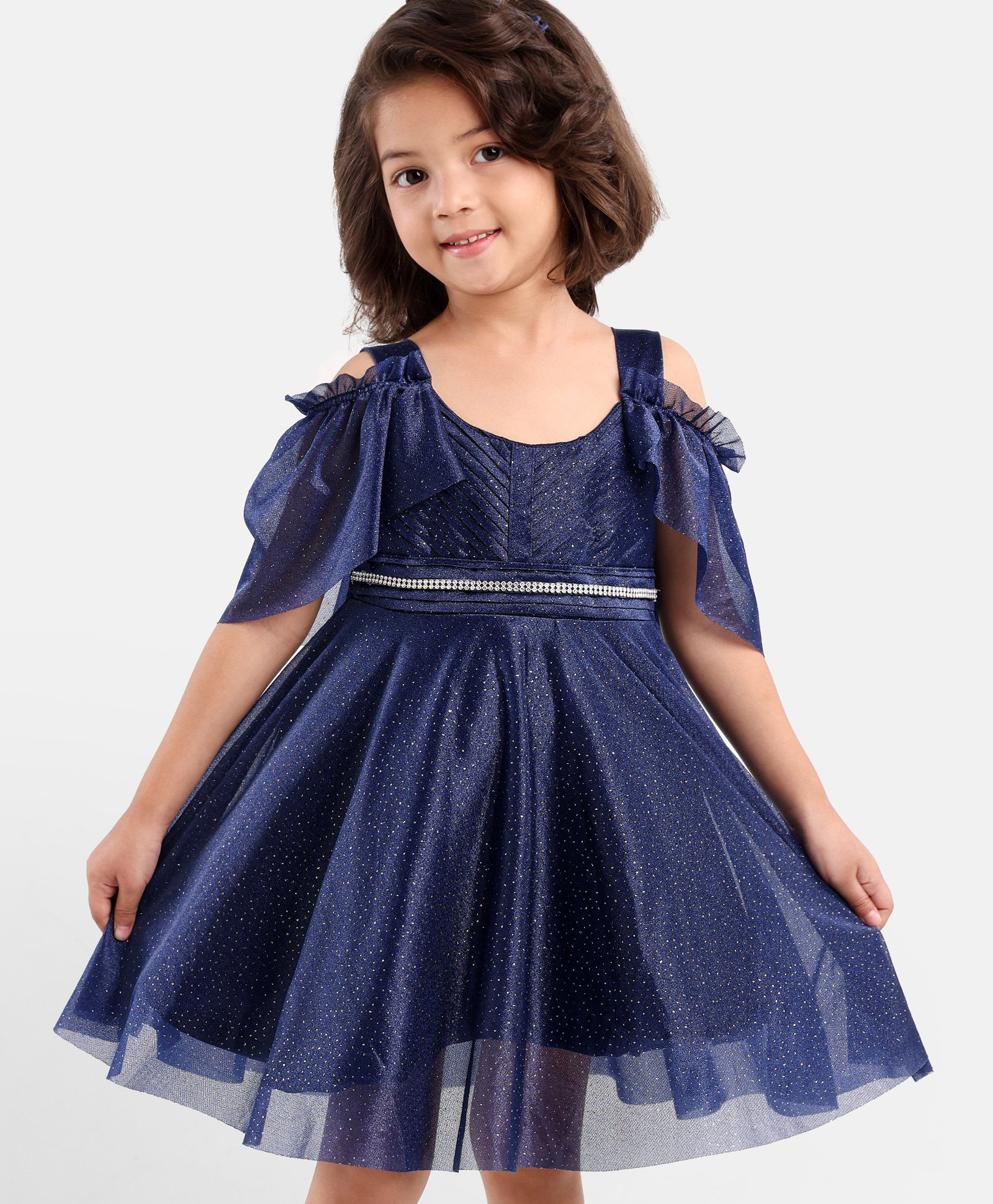 Enfance Net Woven Sleeveless Glittered Pleated Ruched Detail Flared Dress With Head Band -Navy Blue-picture-9