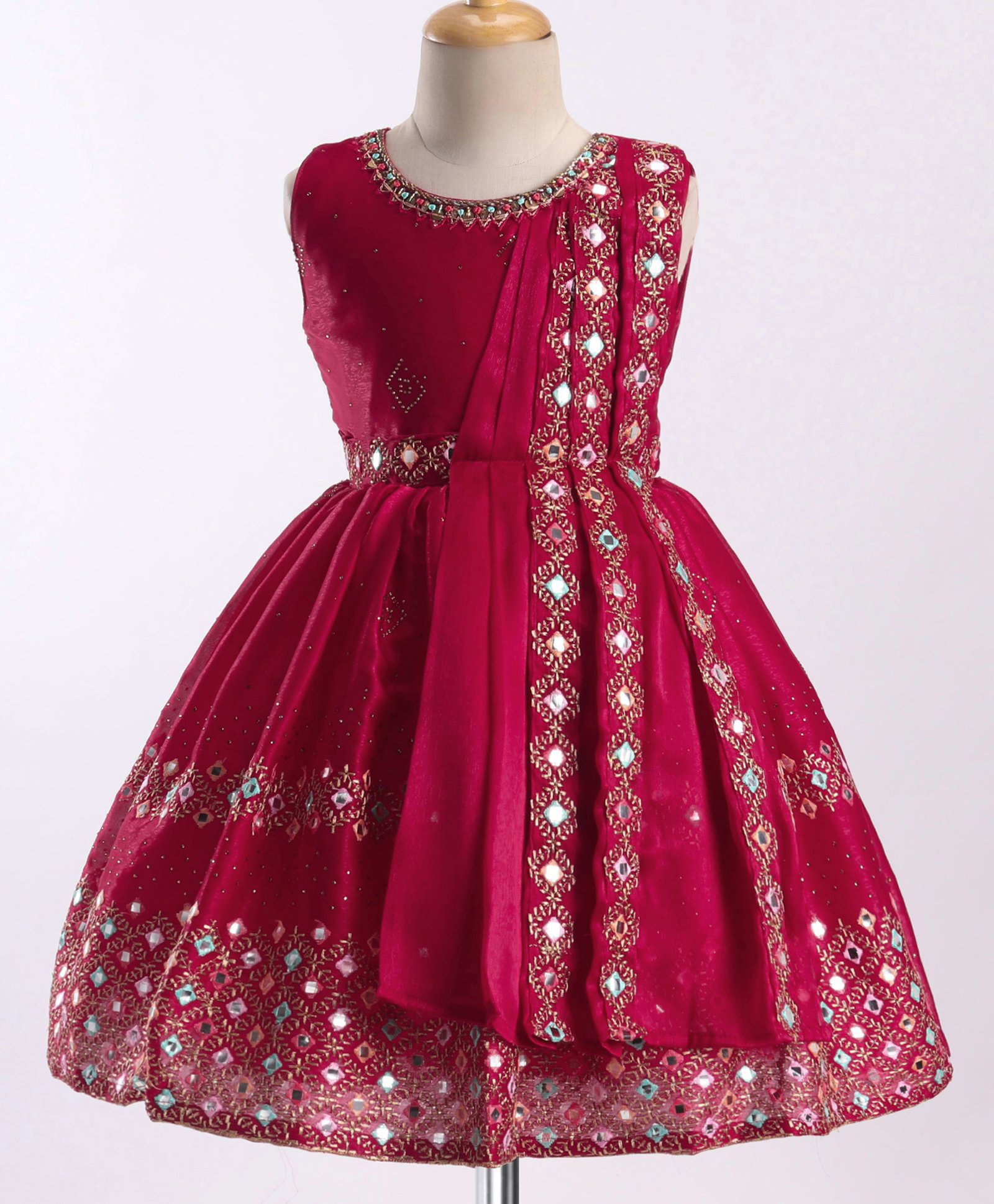 Enfance Cotton Silk Woven Sleeveless Embroidered & Mirror Worked Dress with Attached Dupatta -Dark Pink-picture-37