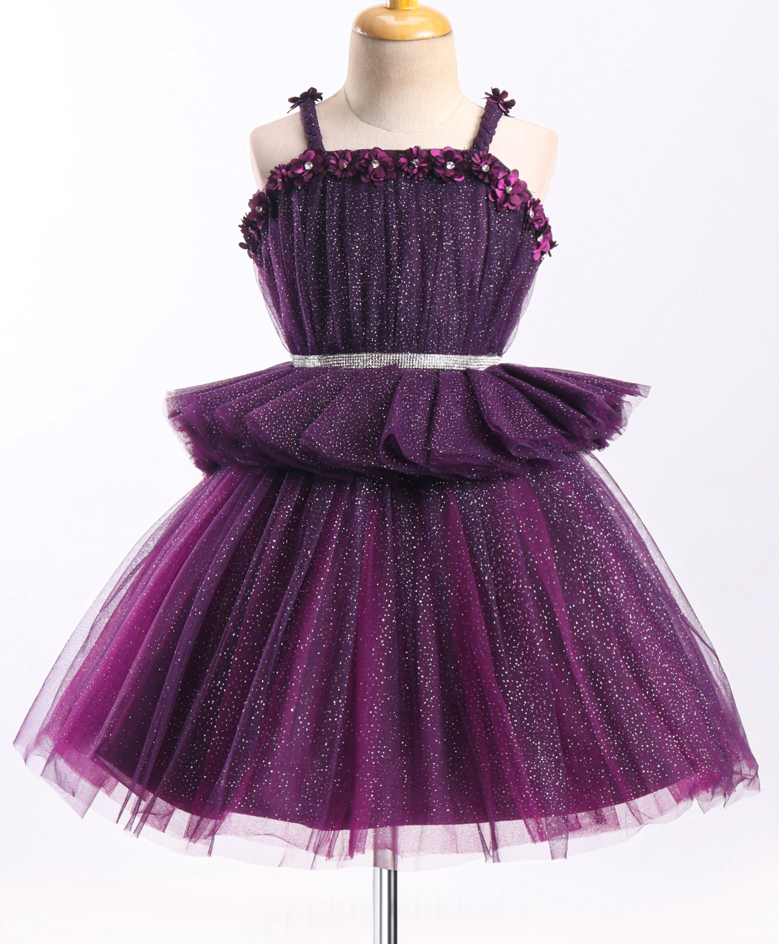 Enfance Net Woven Sleeveless Glitter Printed Party Dress With Floral Applique - Wine-picture-36