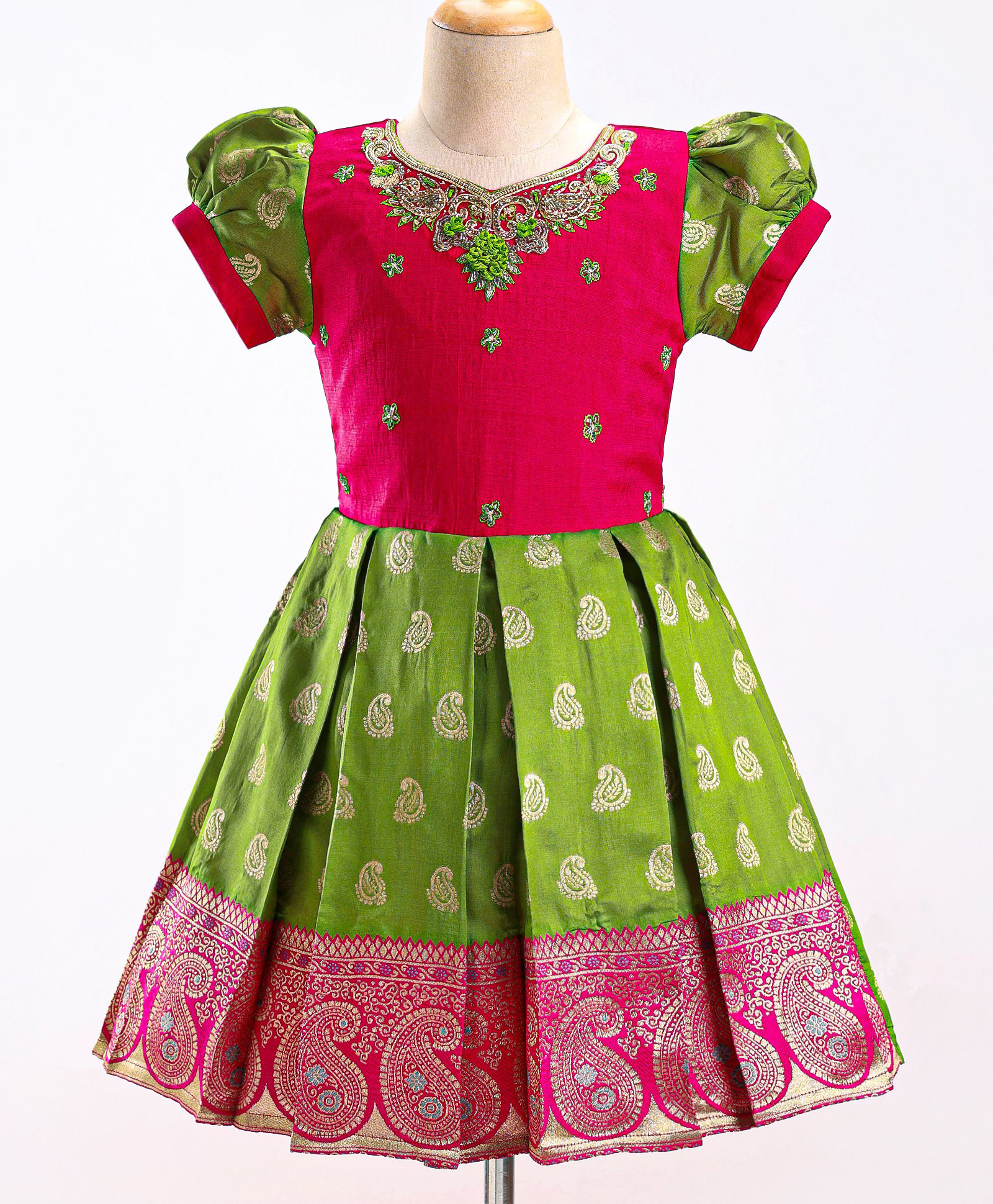 Enfance Silk Woven Half Puffed Sleeves Embroidered Pattu Pavadai Dress- Green-picture-19
