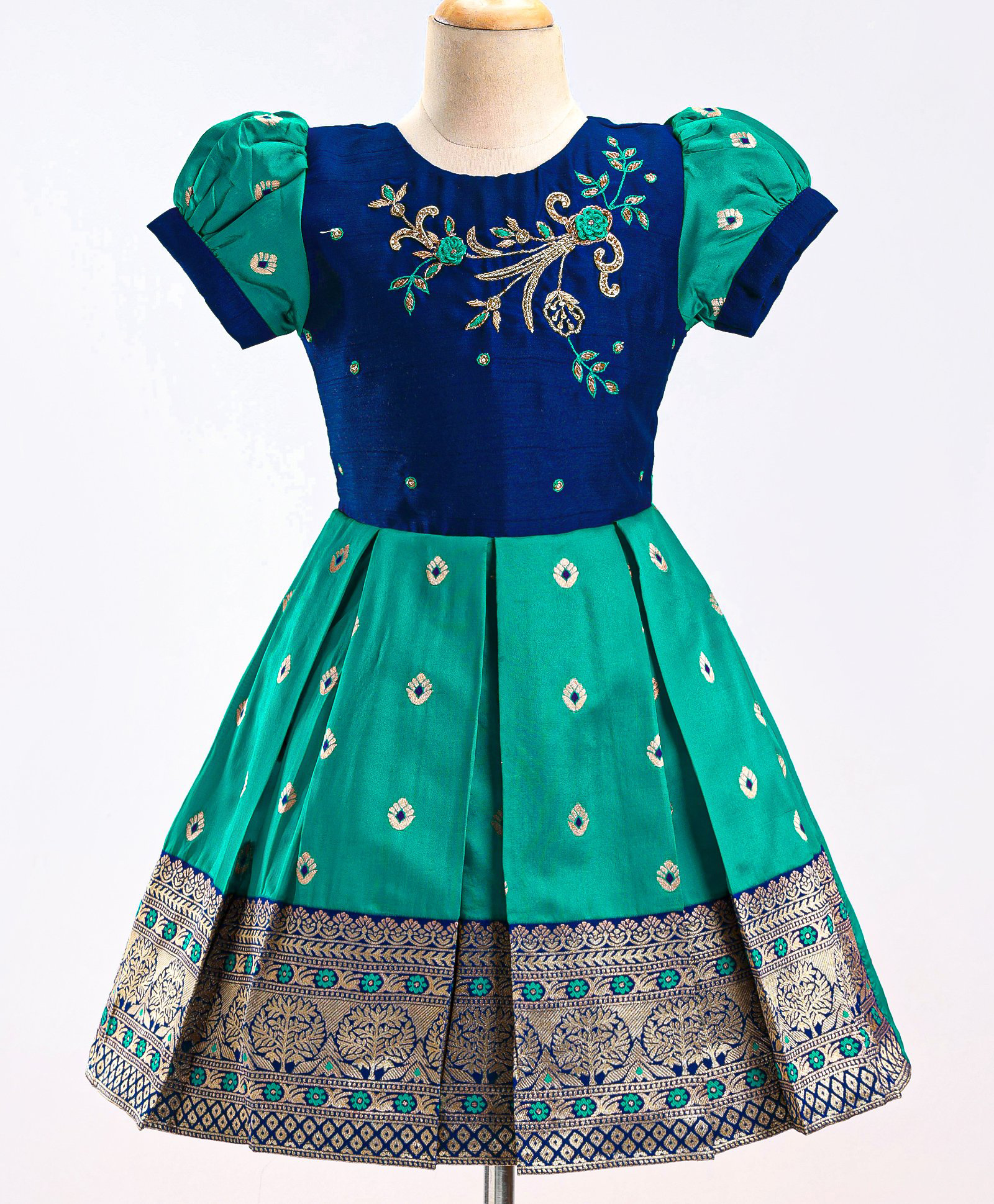 Enfance Silk Woven Half Puffed Sleeves Floral Embroidered Pattu Pavadai Dress- Navy Blue-picture-4