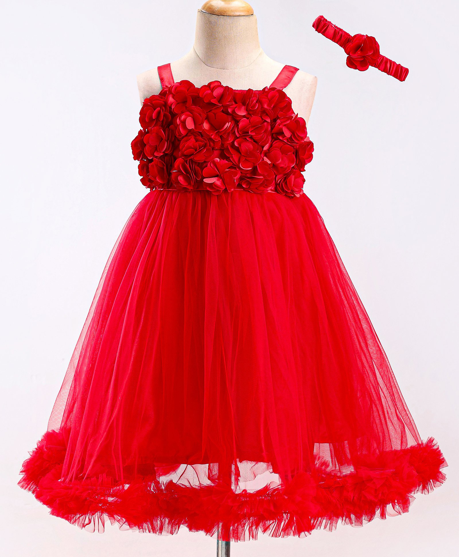 Enfance Net Woven Sleeveless Party Dress With Corsage & Headband - Red-picture-43