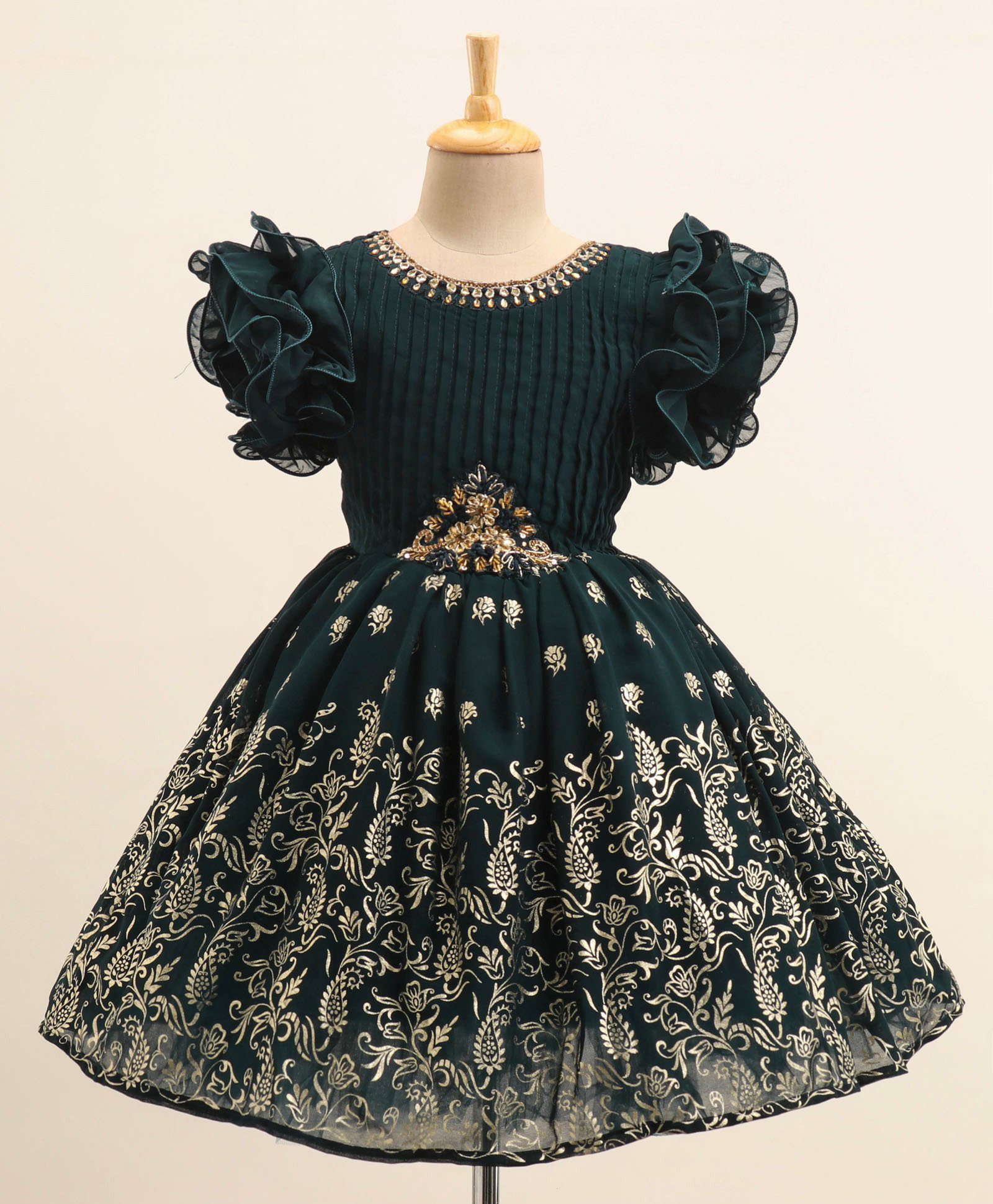 Enfance Net Woven Half Sleeves Floral Foil Printed & Embroidered Flare Party Dress-Dark Green-image-5