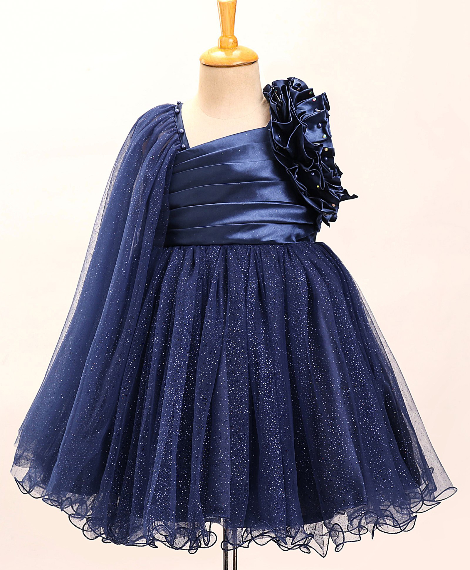 Enfance Net Woven Sleeveless Glitter Printed Party Dress With Cape & Pearl Embellishment - Navy Blue-picture-36