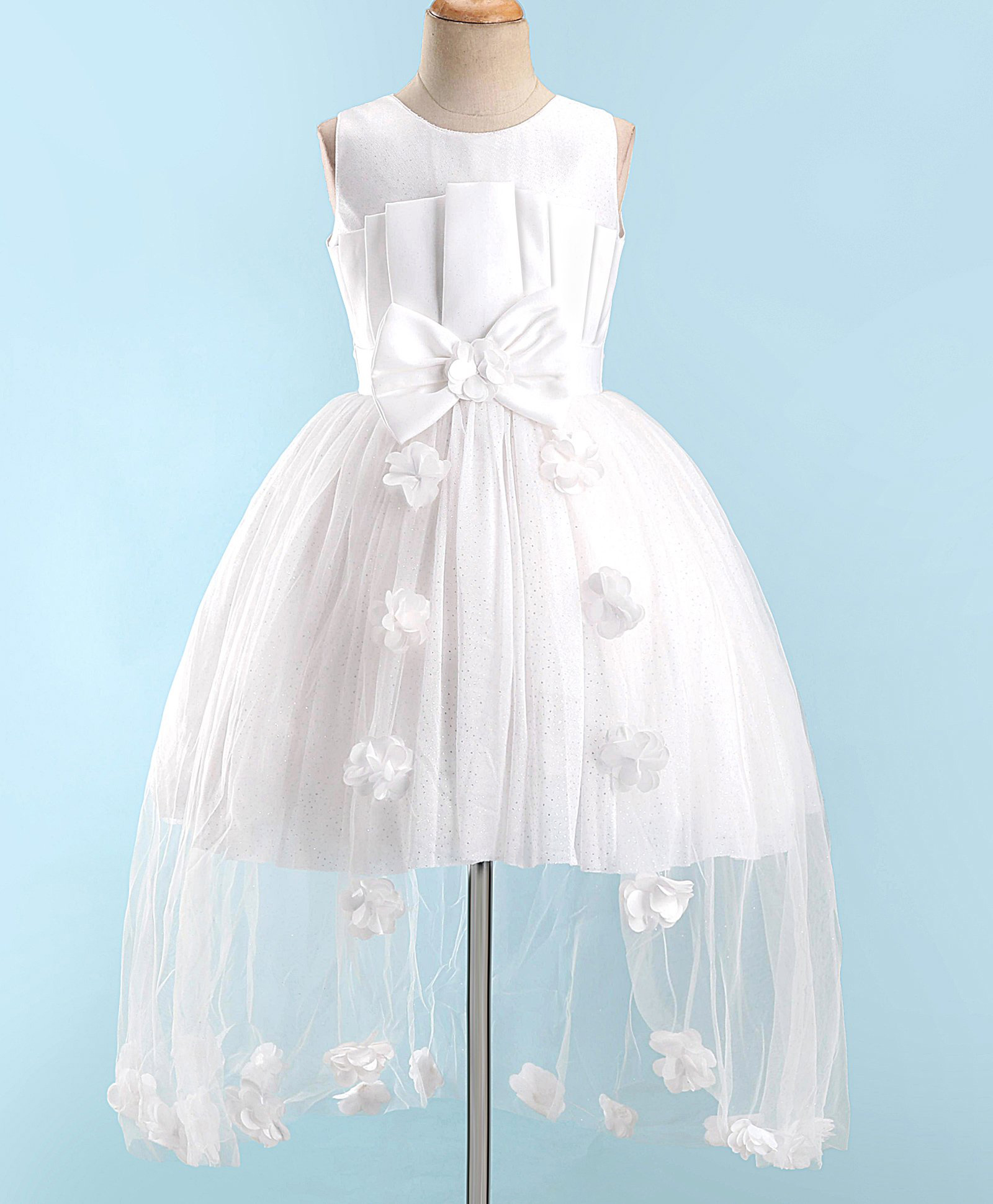 Enfance Net Woven Sleeveless Glitter Printed Party Dress With Floral Applique - White-picture-10