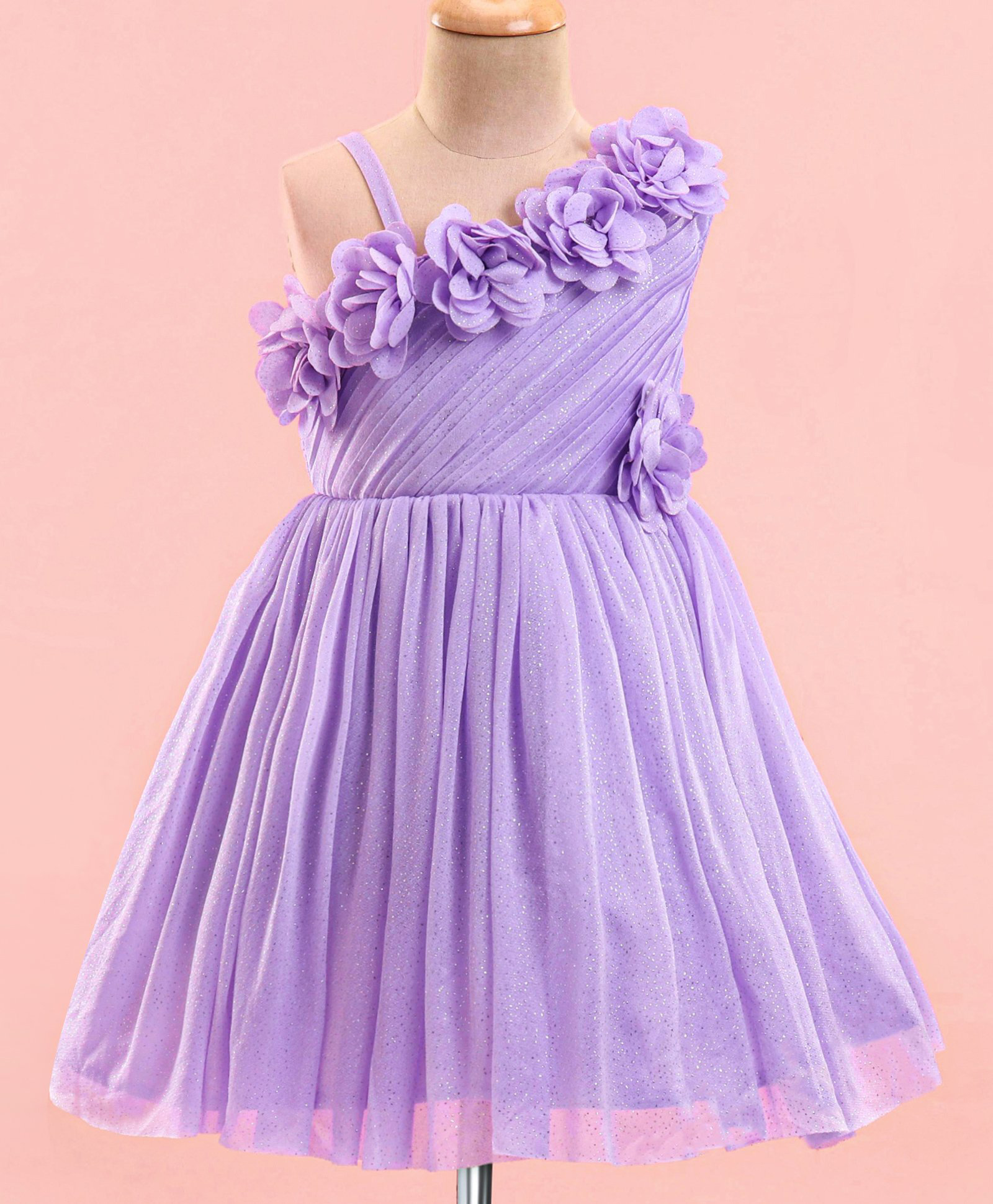 Enfance Net Woven Sleeveless Flower Applique Glitter Printed Party Dress-Lavender-image-36