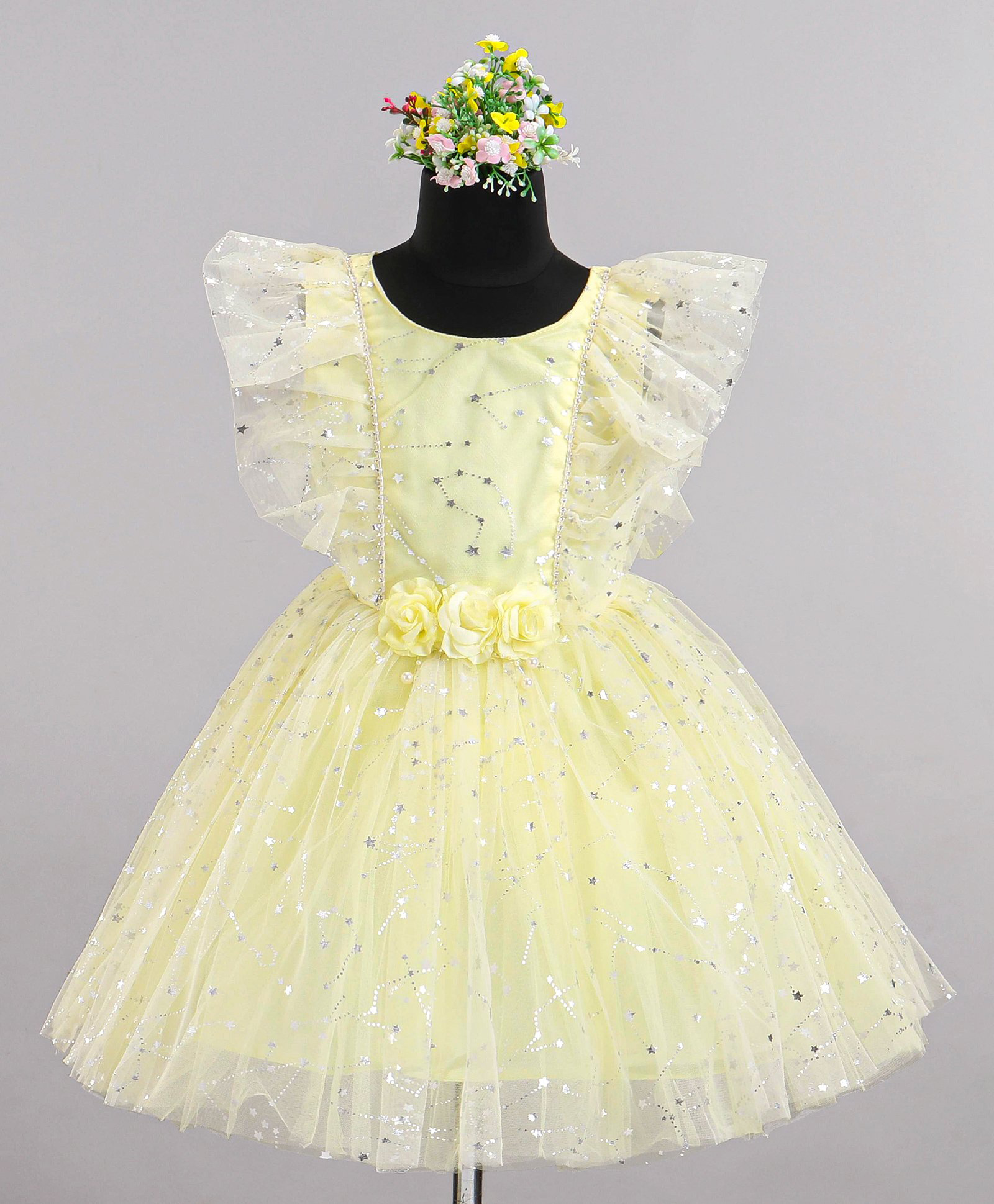 Enfance Net Woven Cap Sleeves Constellations Foil Printed With Corsage Flared Party Dress-Yellow-picture-45