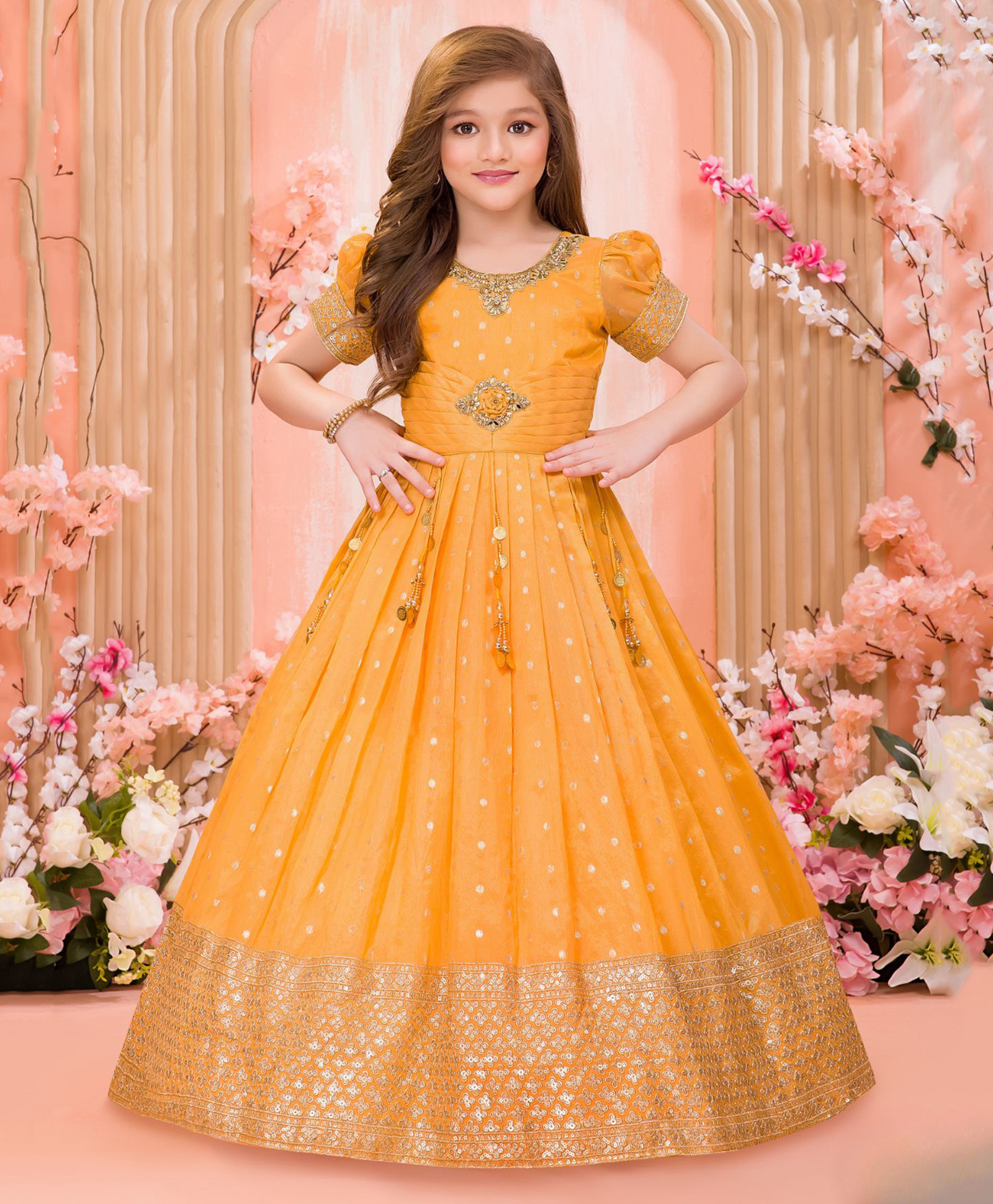 Lagorii Silk Woven Half Puffed Sleeves Sequins Embellished Threadwork Detailed & Ethnic Motifs Foil Printed Gown - Gold-picture-23
