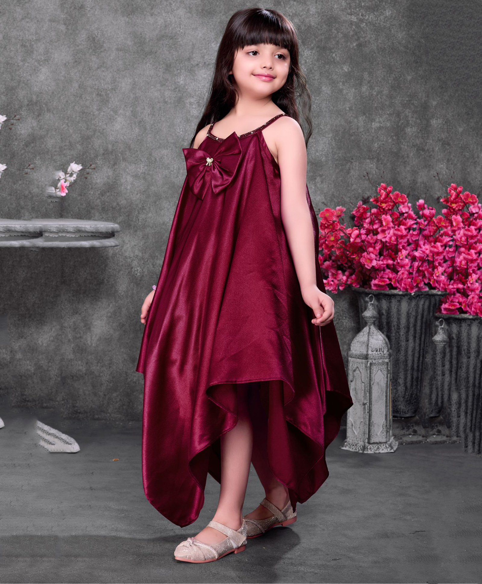 Lagorii Satin Woven Sleeveless Stone Embellished Bow Applique Detailed High Low Dress - Wine-image-18