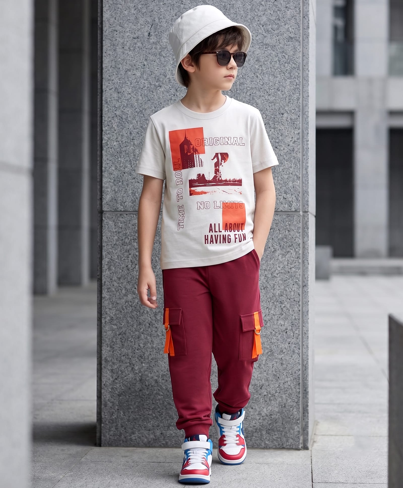 OLLINGTON ST. Cotton Knit Text Printed Half Sleeve T-Shirt & Joggers Set - Multicolour & Brown-image-46