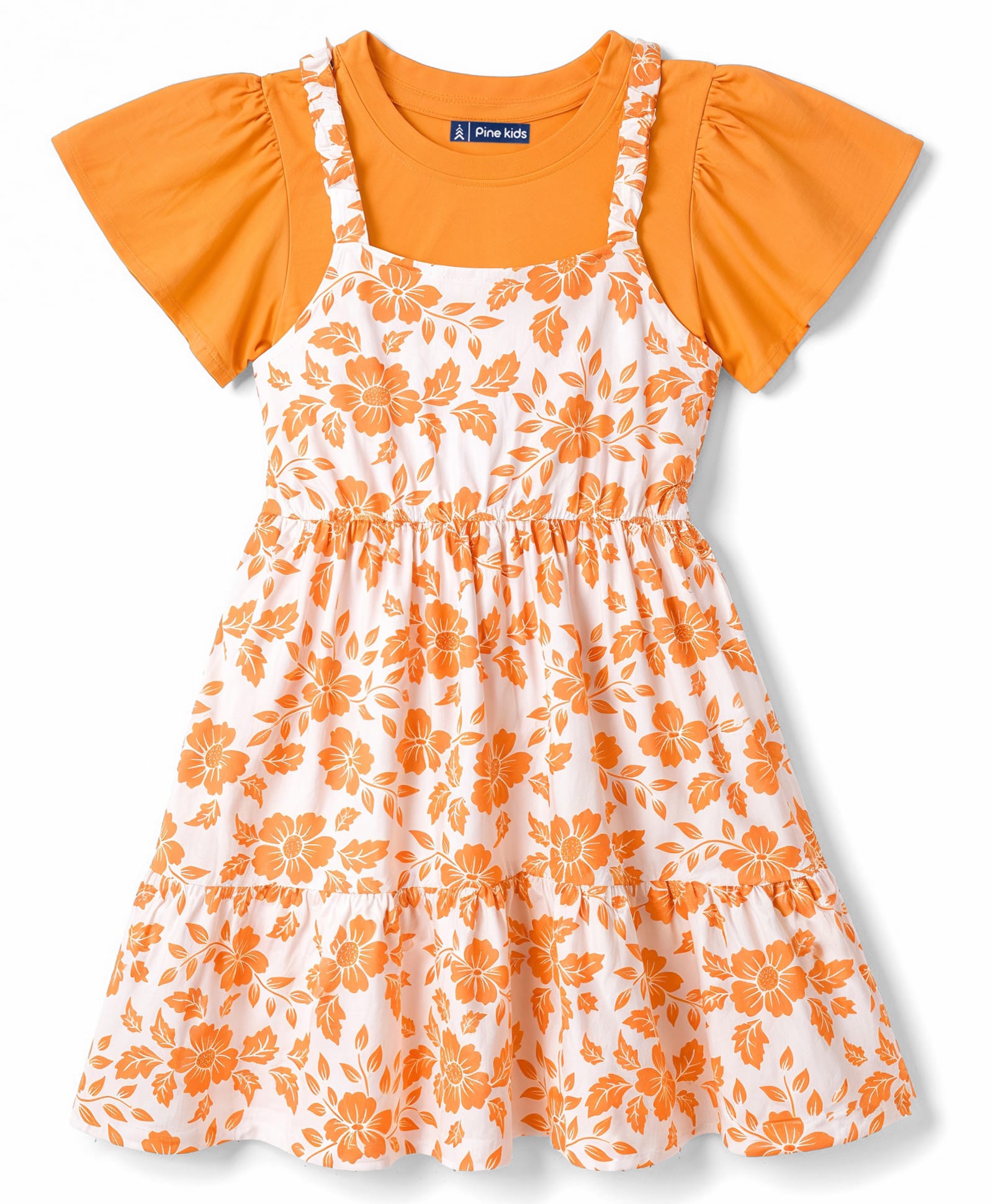 Pine Kids Cotton Knit Half Sleeves Floral Printed Frock with Inner Tee- Orange-image-34