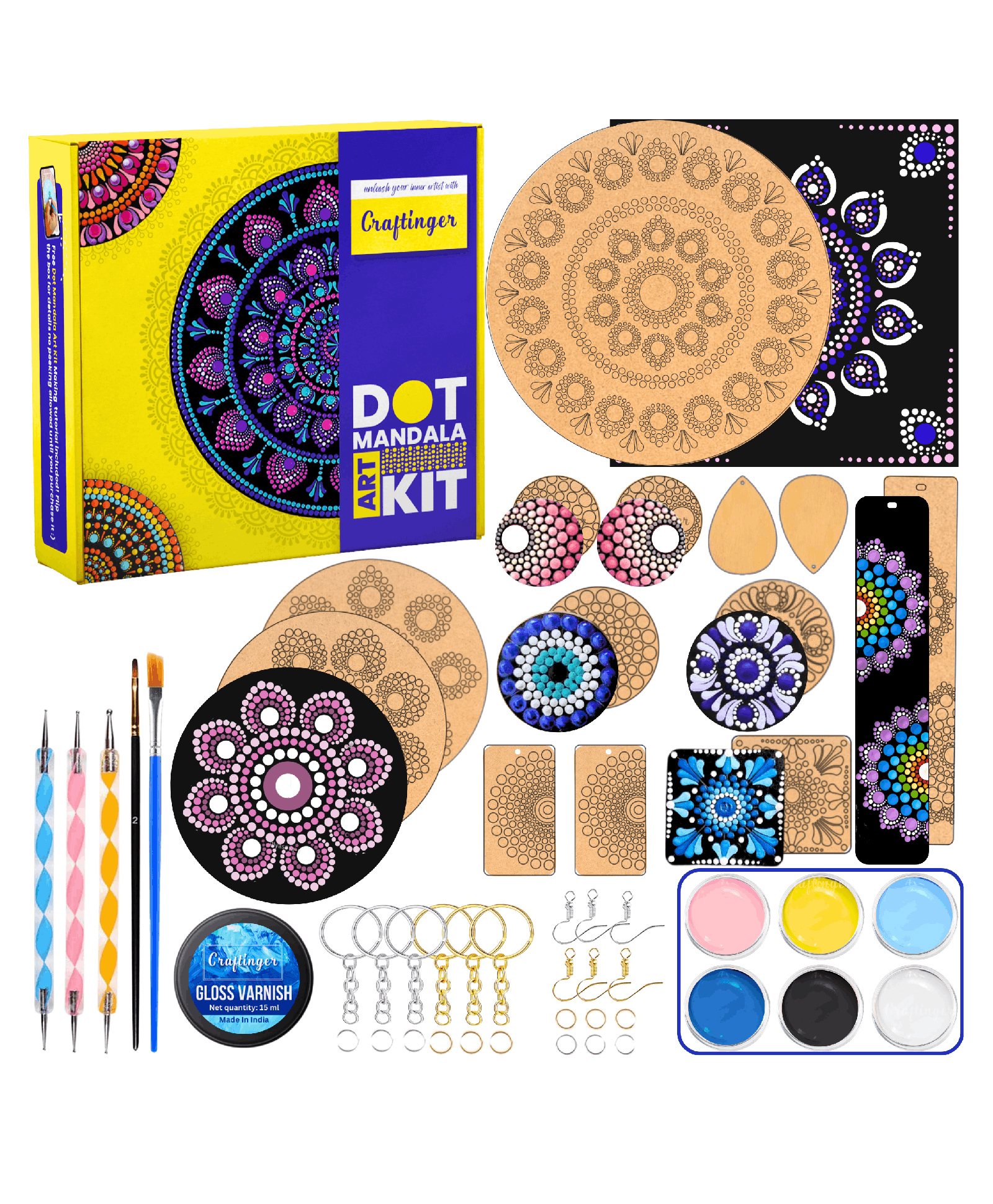 Craftinger Pro Mandala Dotting Art Kit for Adults & Beginners, 4 Pre-Designed MDF Boards | 6 Acrylic Colors | Set of 2 Brushes | Dot Tools | for Artists, Students, Children | Ideal for Gifting-image-3