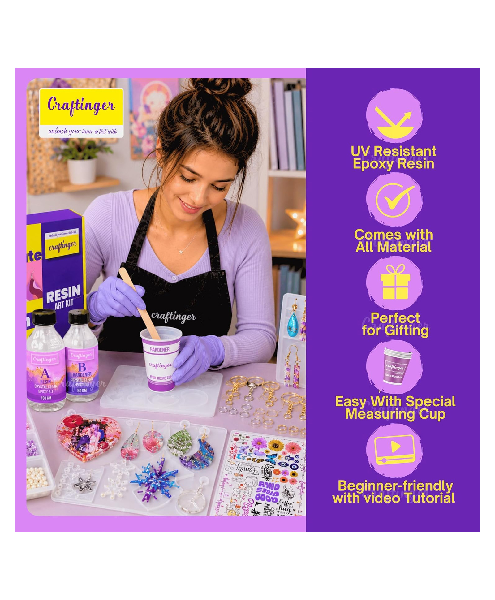 Craftinger Pro DIY Resin Art Kit Complete Crafting Kit with 200g Resin, 7 Moulds, Glitter, Pigments, Mica, Tools and Accessories for Keychains, Coasters, Earrings, Bookmarks & More-picture-12