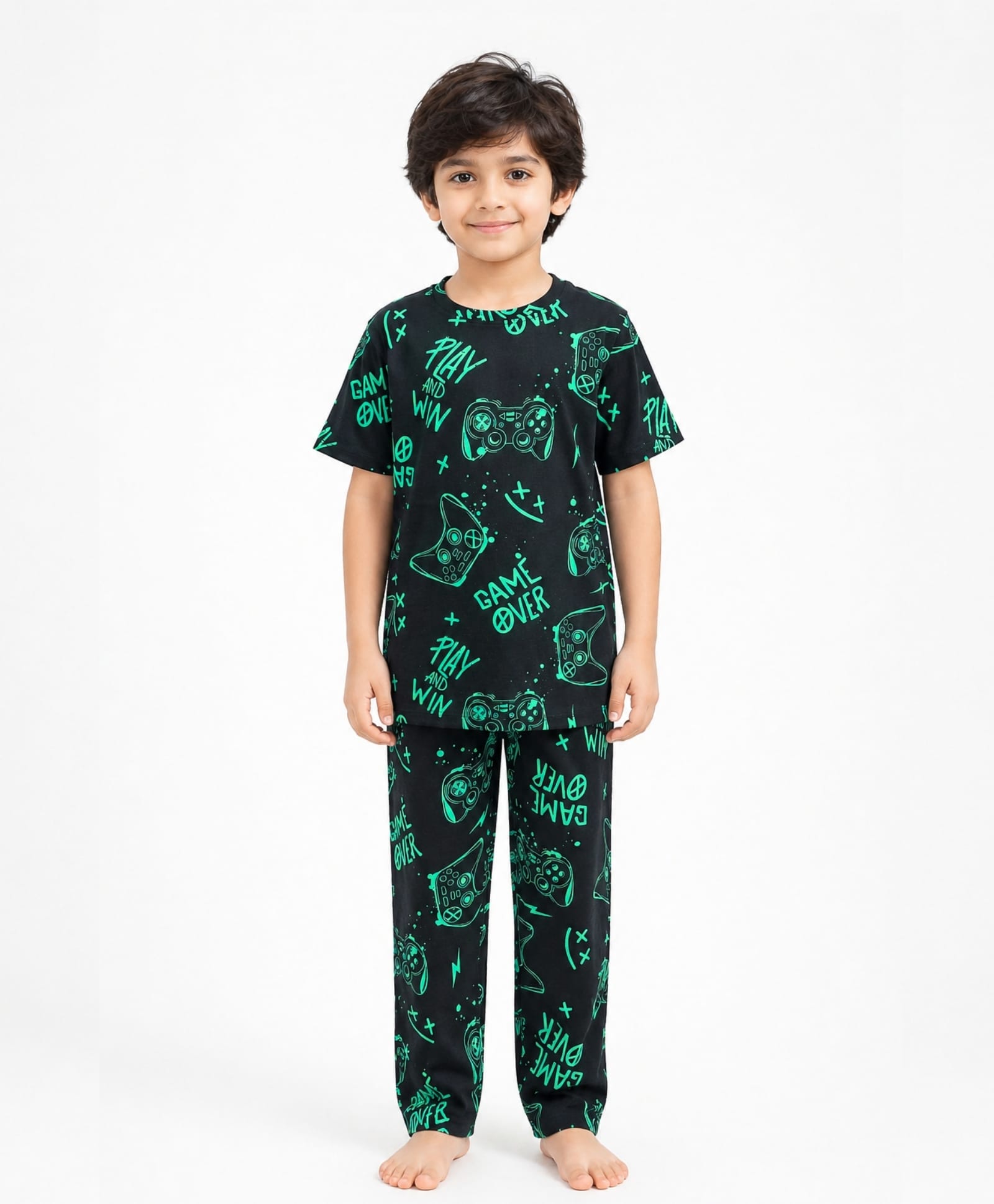 Anthrilo 100% Pure Cotton Knit Half Sleeves Game Over & Play & Win Text Printed Coordinating Tee & Pajama Night Suit - Black-picture-49