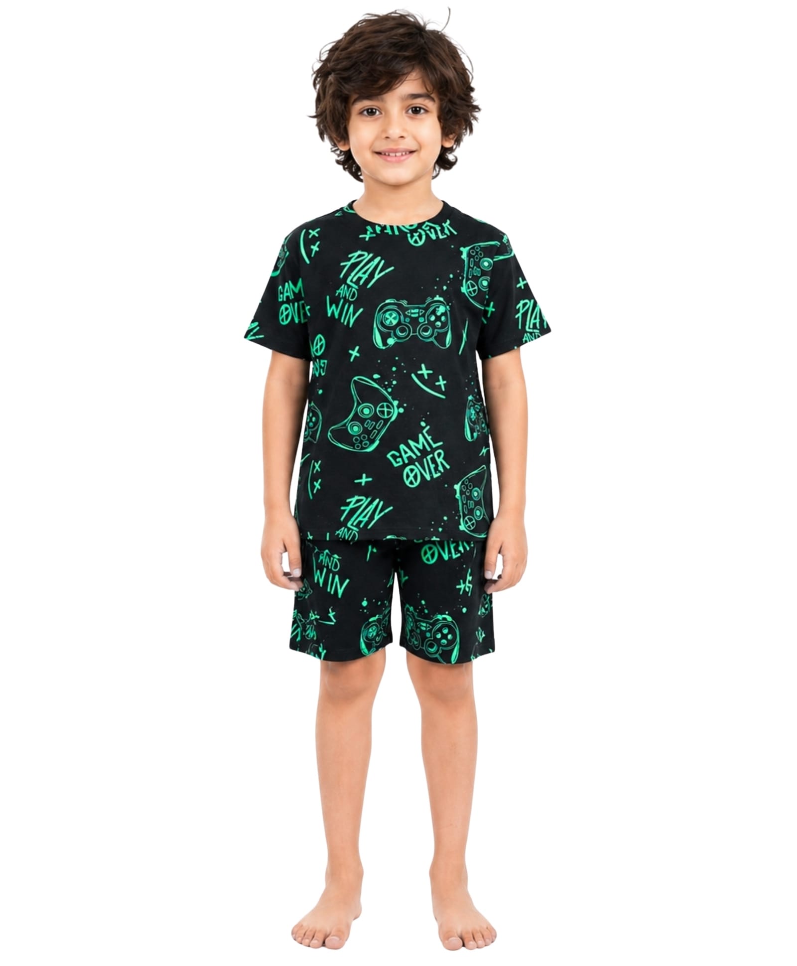 Anthrilo 100% Pure Cotton Knit Half Sleeves Game Over & Play & Win Text Printed Coordinating Tee & Shorts Night Suit - Black-picture-14