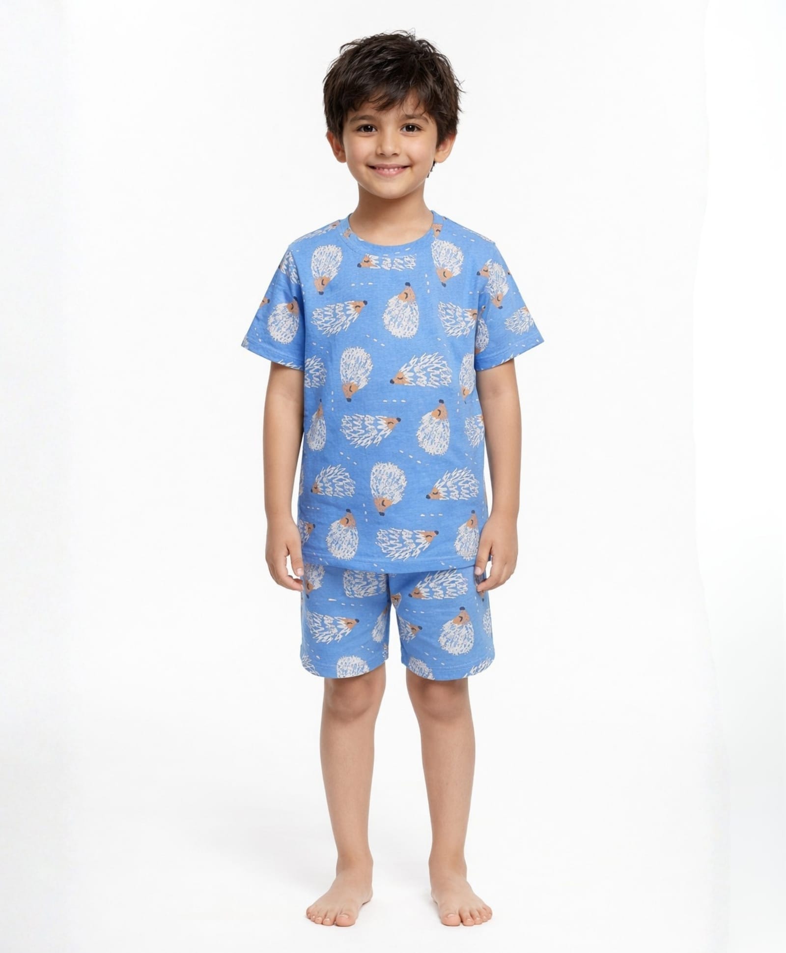 Anthrilo 100% Pure Cotton Knit Half Sleeves Hedgehog Printed Coordinating Tee & Shorts Night Suit - Blue-picture-13