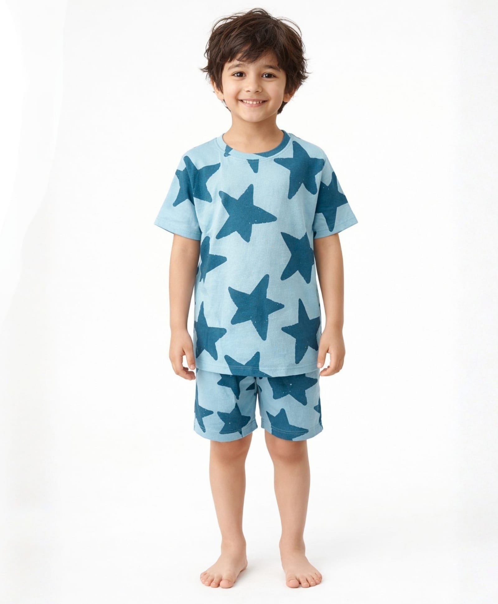 Anthrilo 100% Pure Cotton Knit Half Sleeves Star Printed Coordinating Tee & Shorts Night Suit - Blue-picture-10