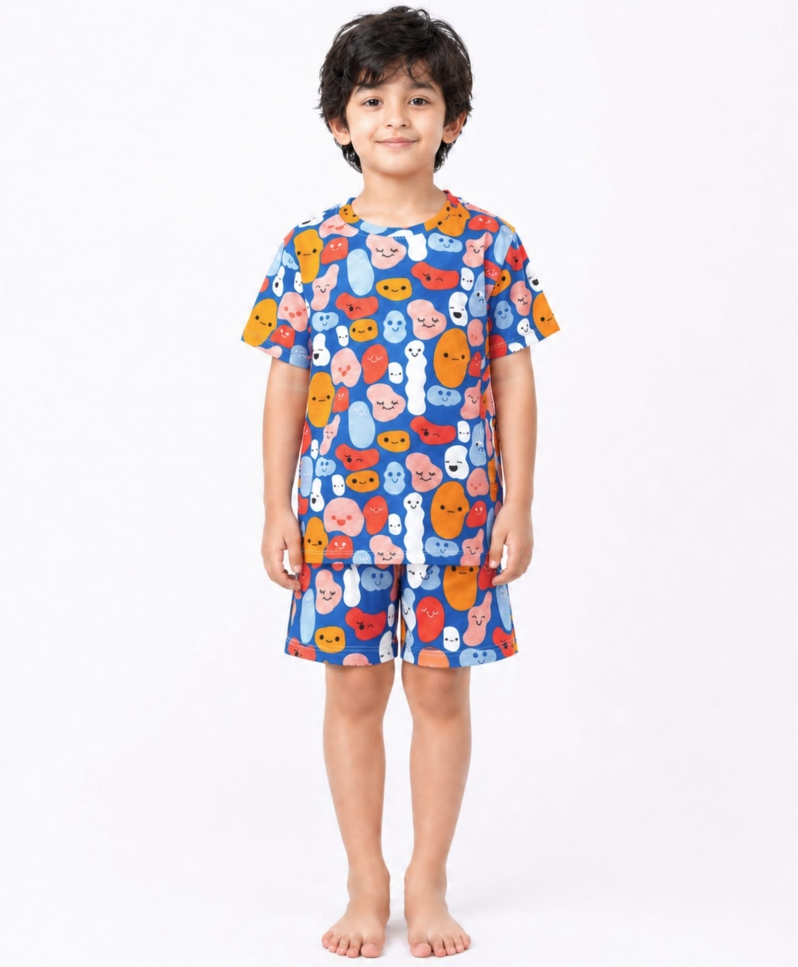 Anthrilo 100% Pure Cotton Knit Half Sleeves Blobs Printed Coordinating Tee & Shorts Night Suit - Blue-picture-43