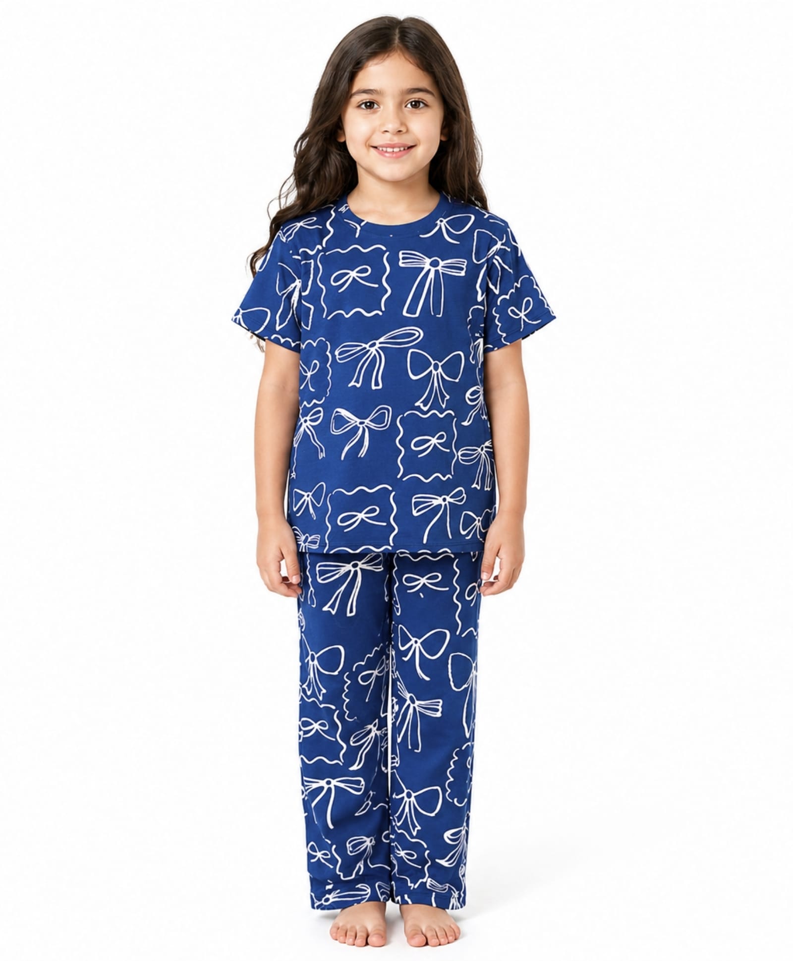 Anthrilo 100% Pure Cotton Knit Half Sleeves Bow Printed Coordinating Tee & Pajama Night Suit - Blue-image-10