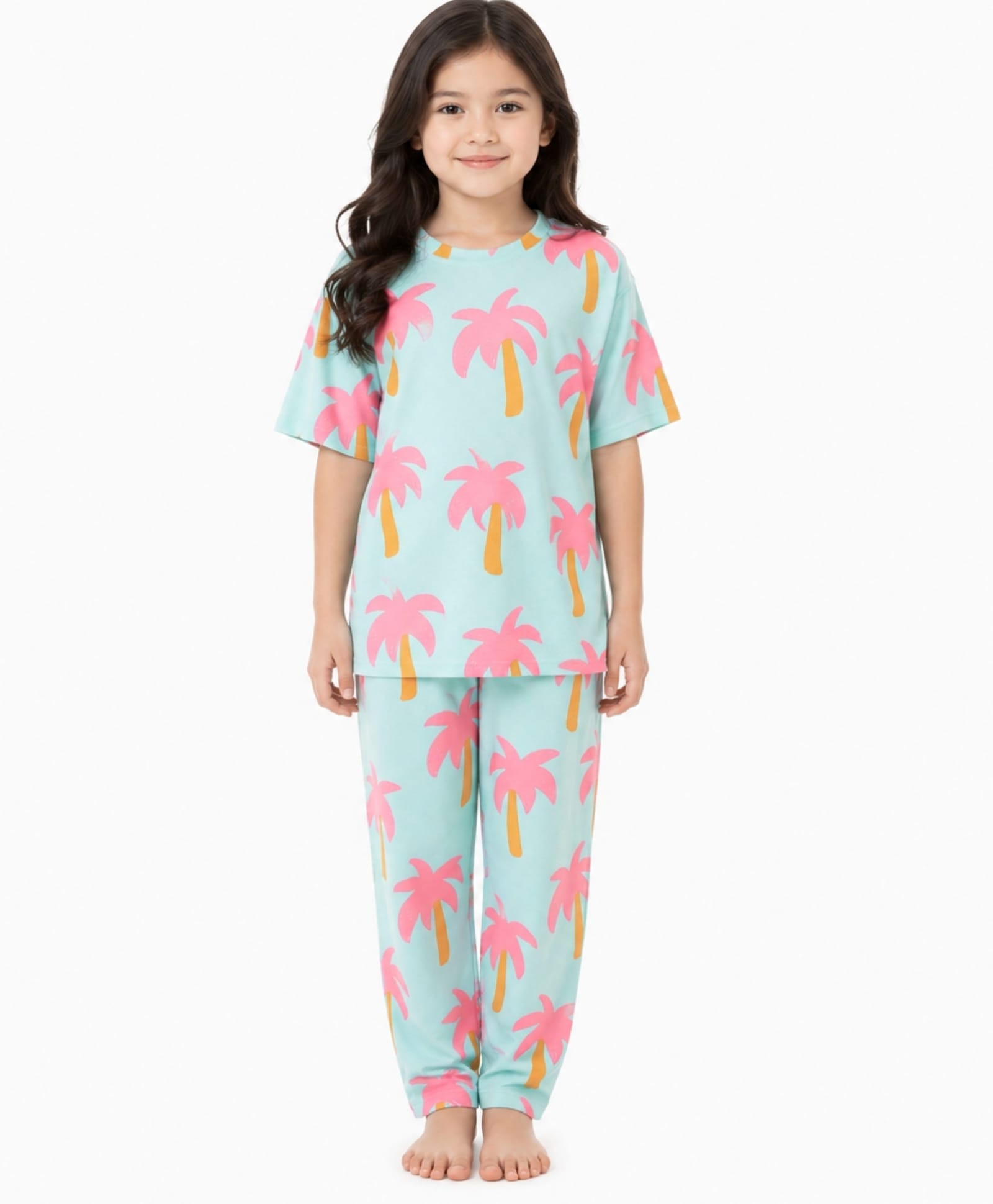 Anthrilo 100% Pure Cotton Knit Half Sleeves Palm Tree Printed Coordinating Tee & Pajama Night Suit - Aqua Blue-picture-6
