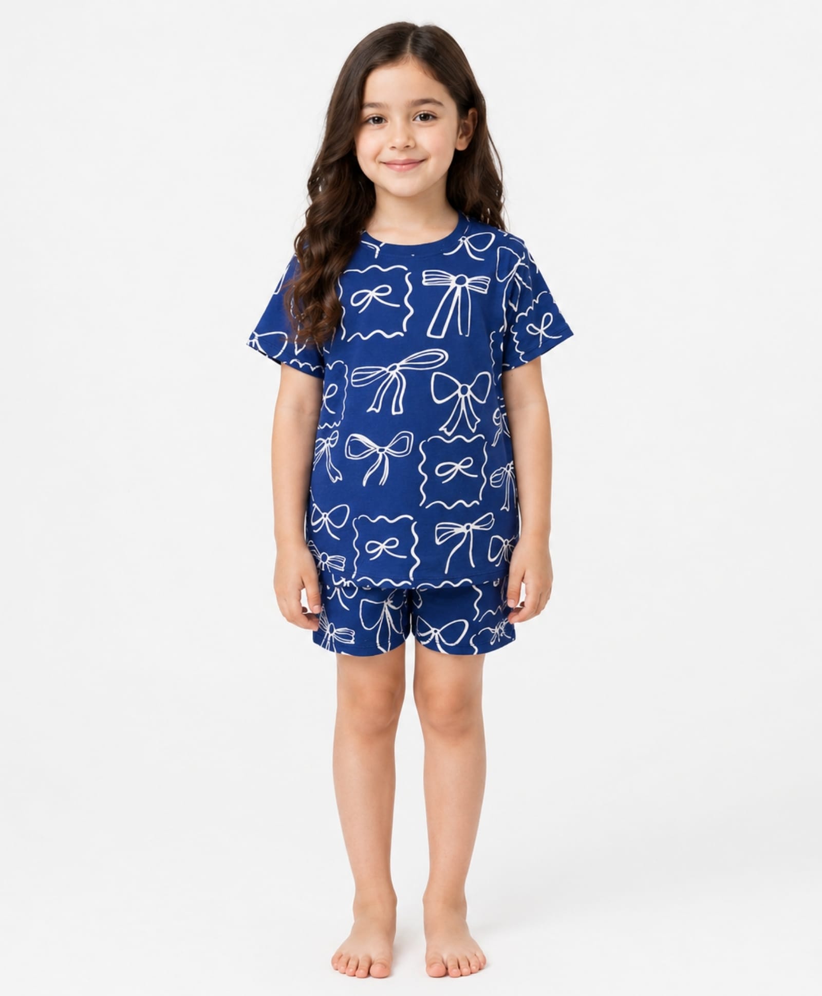 Anthrilo 100% Pure Cotton Knit Half Sleeves Bow Printed Coordinating Tee & Shorts Night Suit - Blue-picture-24