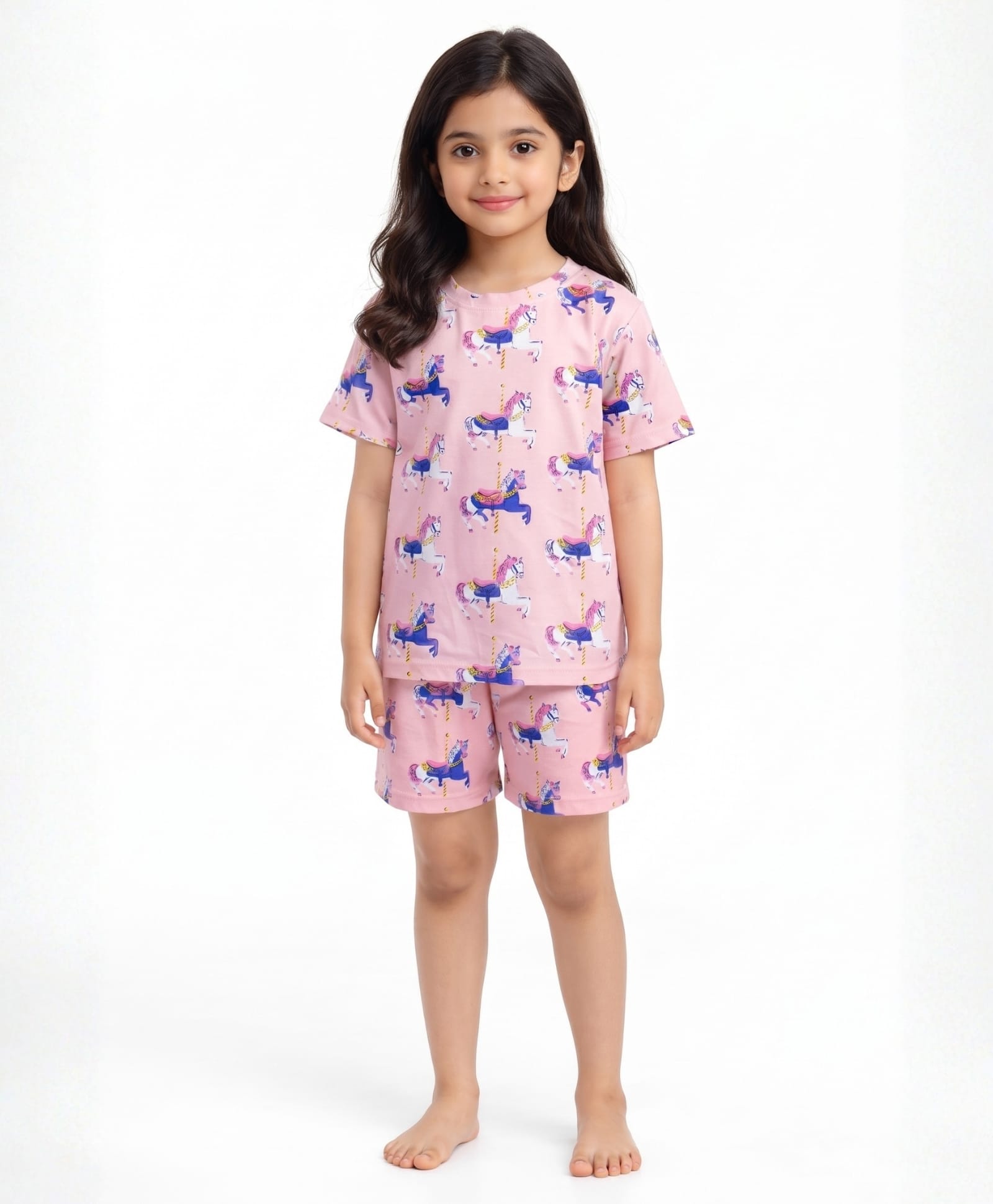 Anthrilo 100% Pure Cotton Knit Half Sleeves Horse Printed Coordinating Tee & Shorts Night Suit - Pink-picture-14