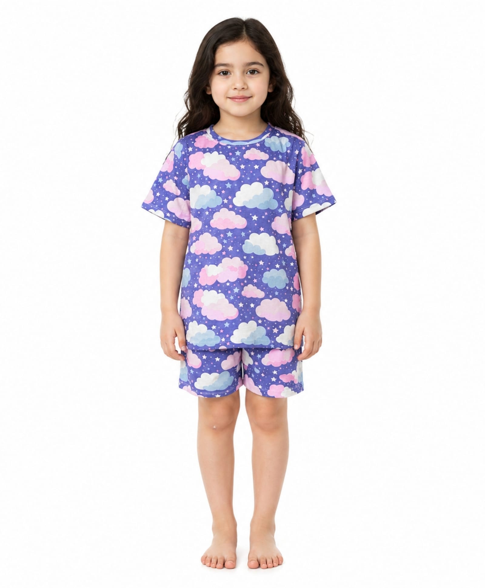 Anthrilo 100% Pure Cotton Knit Half Sleeves Clouds & Stars Printed Coordinating Tee & Shorts Night Suit - Purple-picture-11