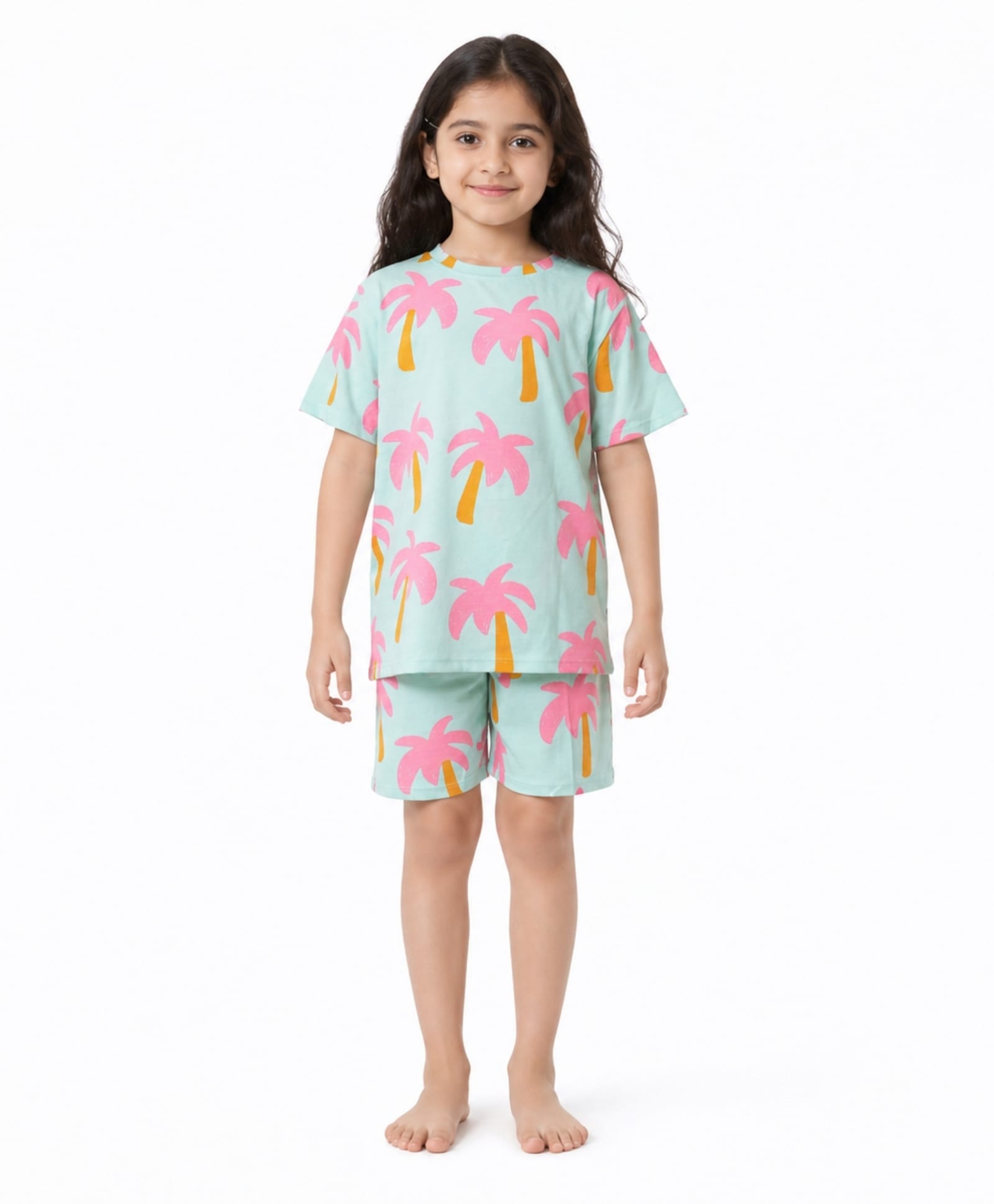 Anthrilo 100% Pure Cotton Knit Half Sleeves Palm Tree Printed Coordinating Tee & Shorts Night Suit - Aqua Blue-picture-17