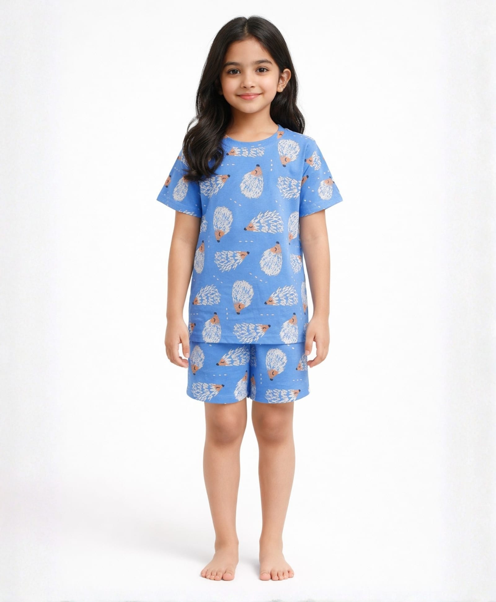 Anthrilo 100% Pure Cotton Knit Half Sleeves Hedgehog Printed Coordinating Tee & Shorts Night Suit - Blue-picture-12